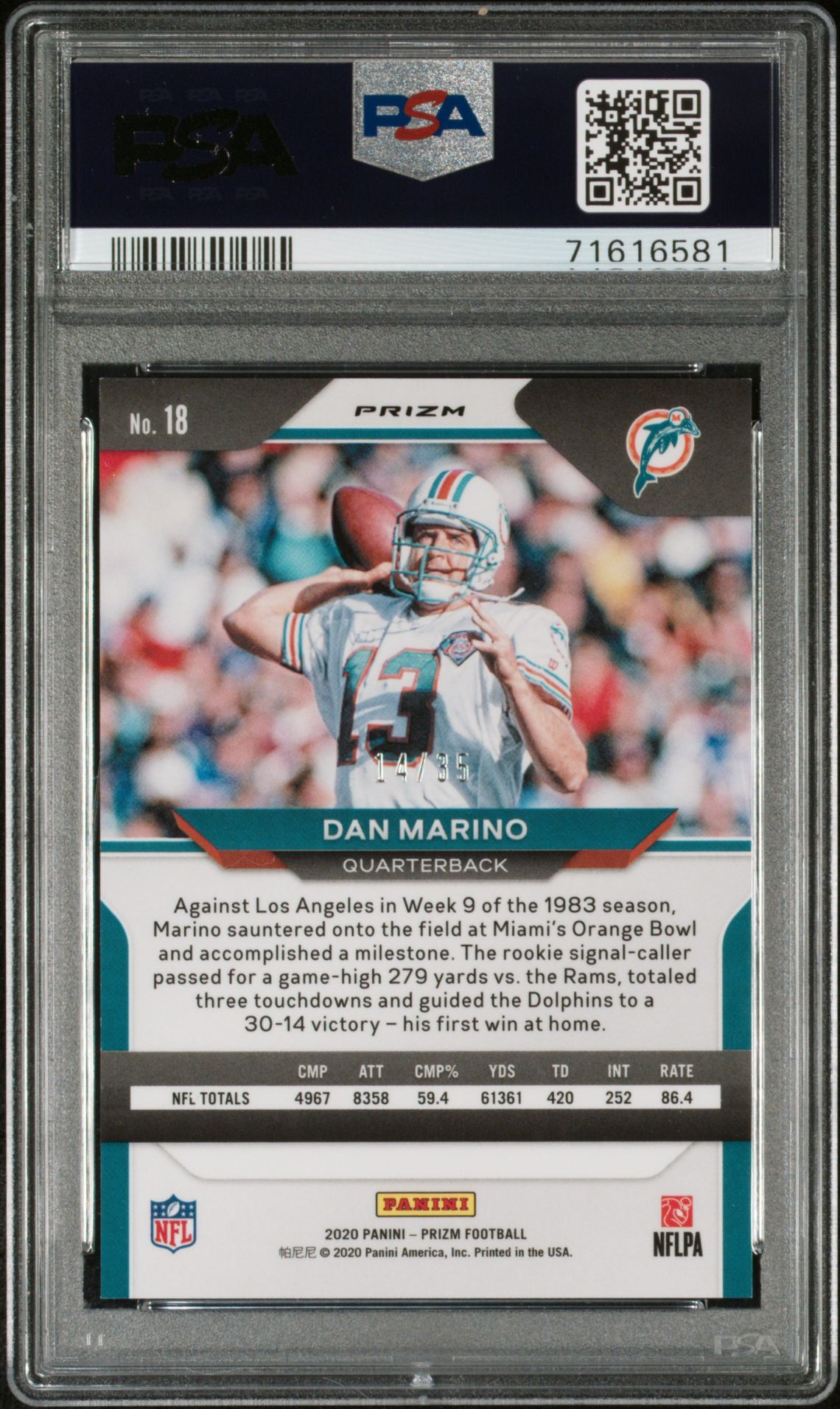 2020 Panini Prizm Dan Marino #18 (No Huddle Purple Prizm) Mint 9 back