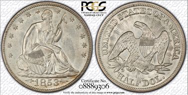 1853 50C Arrows and Rays MS64