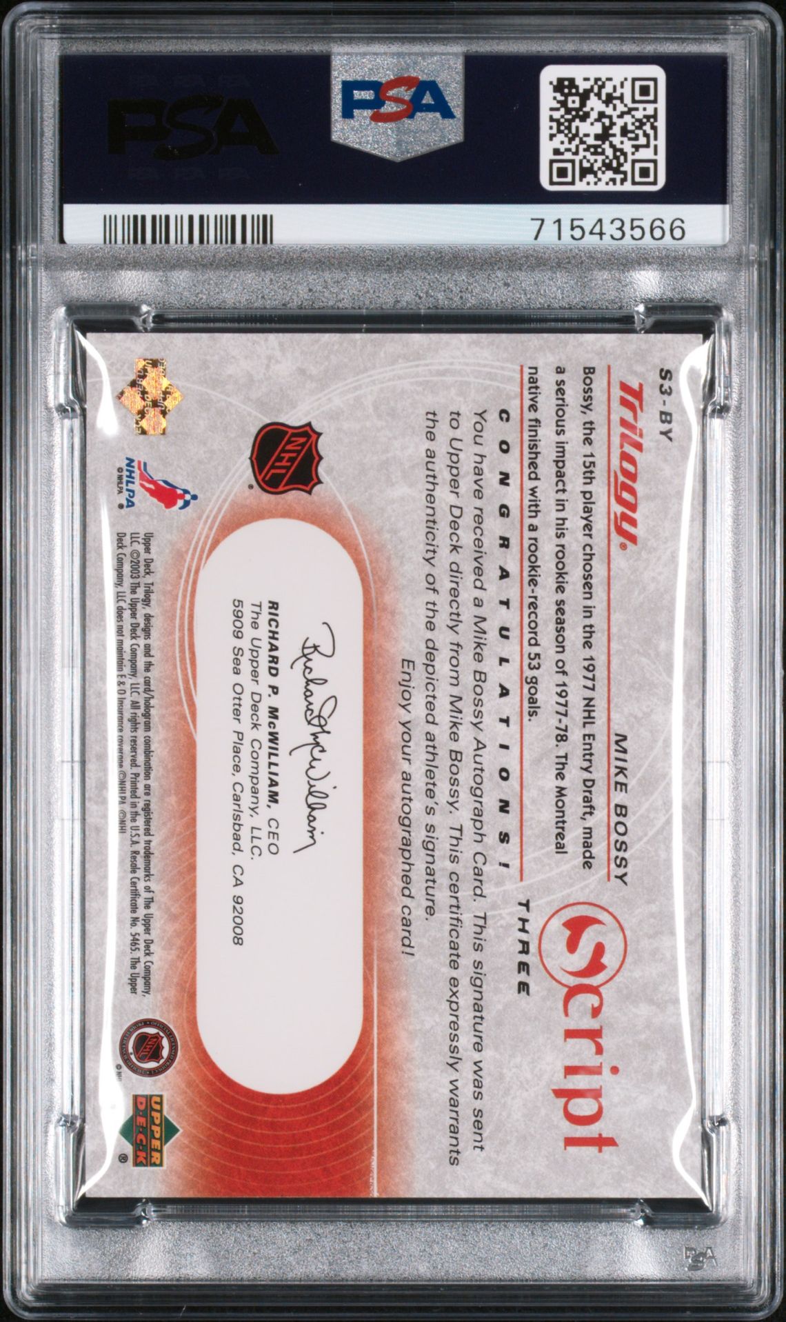 2003 Upper Deck Trilogy Script Three Mike Bossy #S3-By (Script Three) Gem Mt 10 back