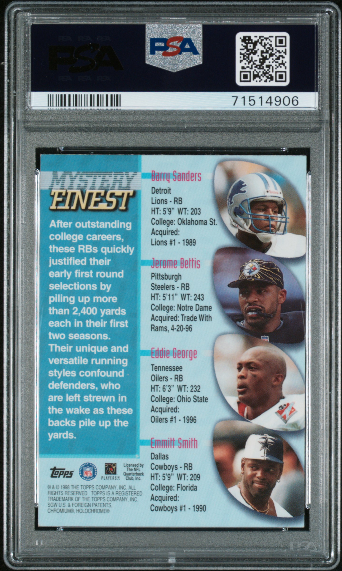 1998 Topps Mystery Finest Barry Sanders #M9 Mint 9 back