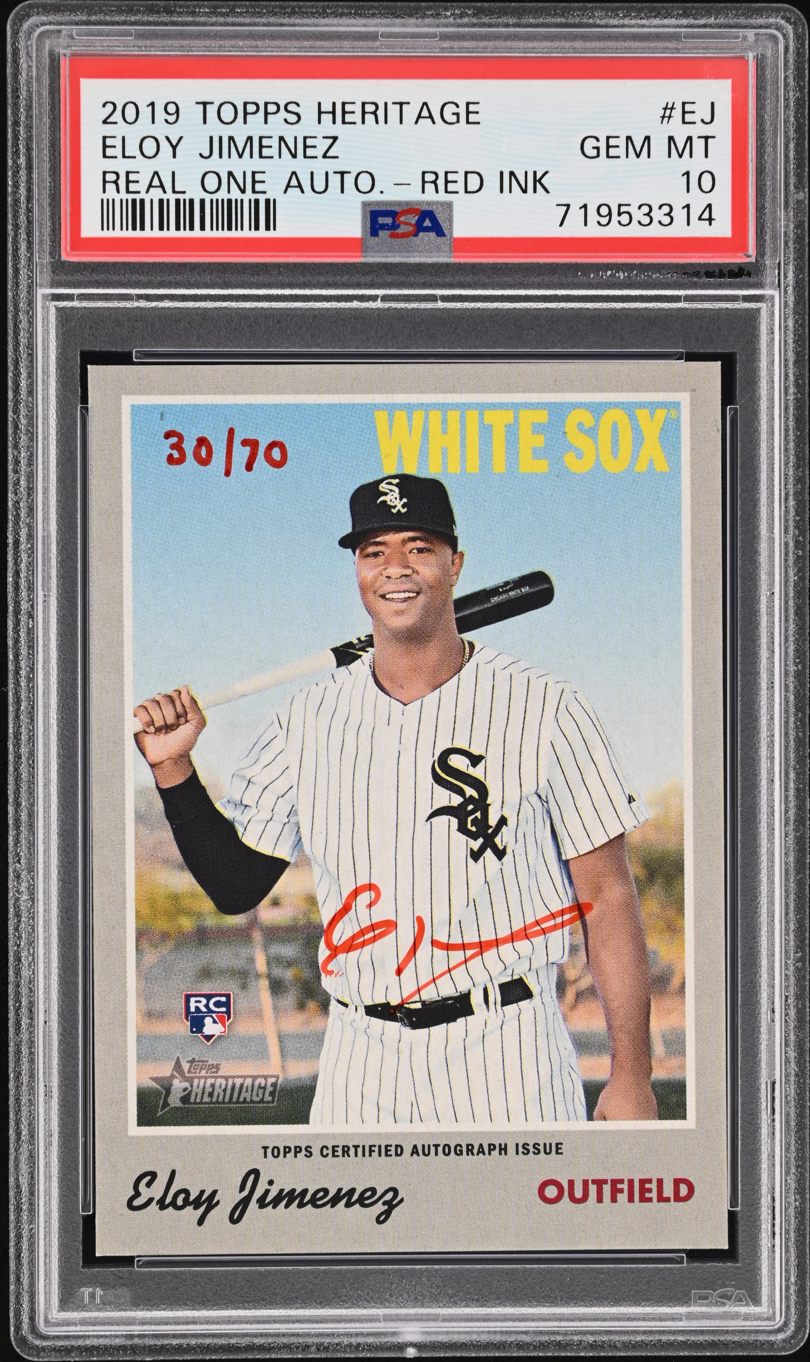 2019 Topps Heritage Real One Autographs Red Ink #ROA-EJ Eloy Jimenez Signed Rookie Card (#30/70)– PSA GEM MT 10
