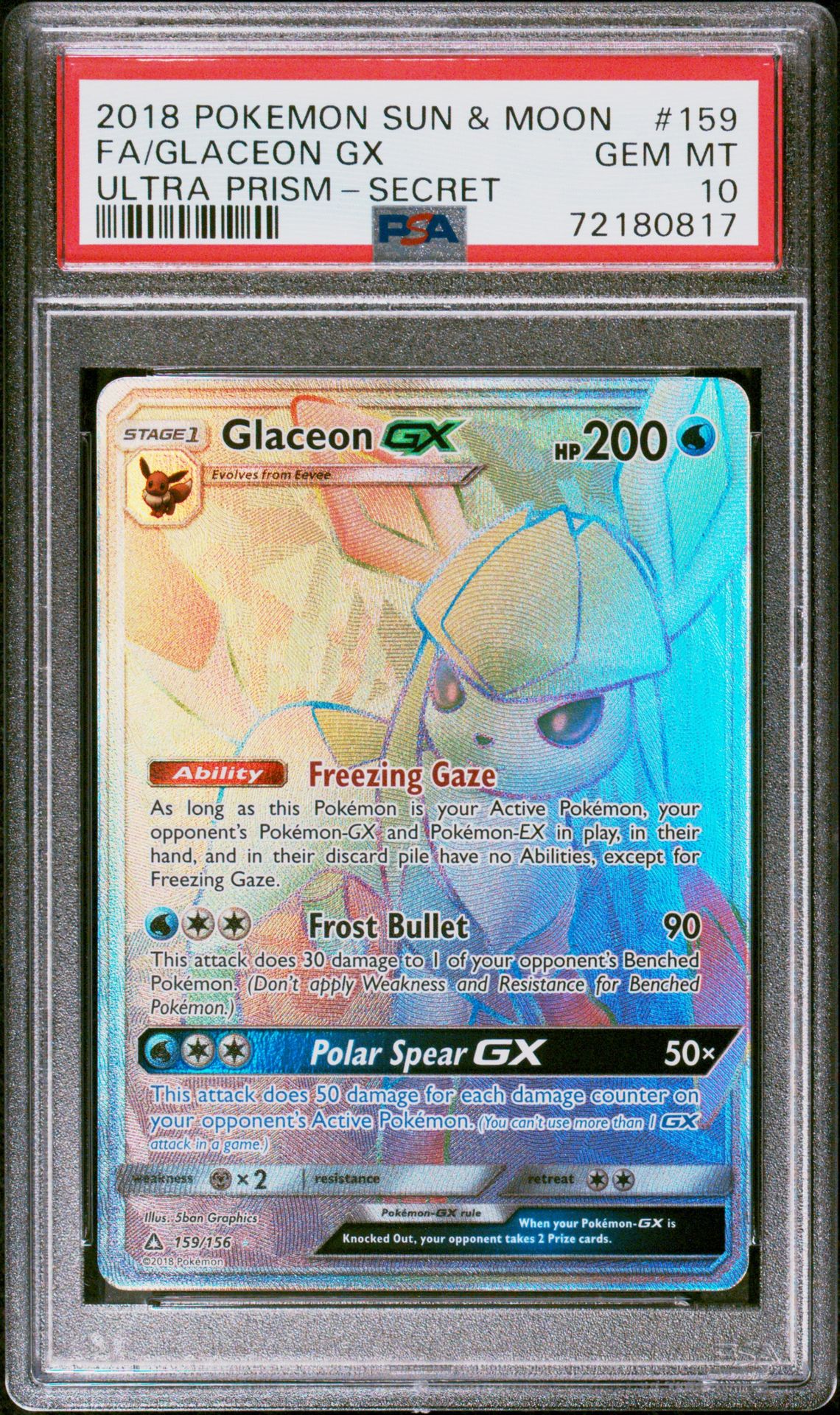 2018 Pokemon Sun & Moon Ultra Prism Fa/Glaceon Gx #159 (Ultra Prism-Secret) Gem Mt 10 front
