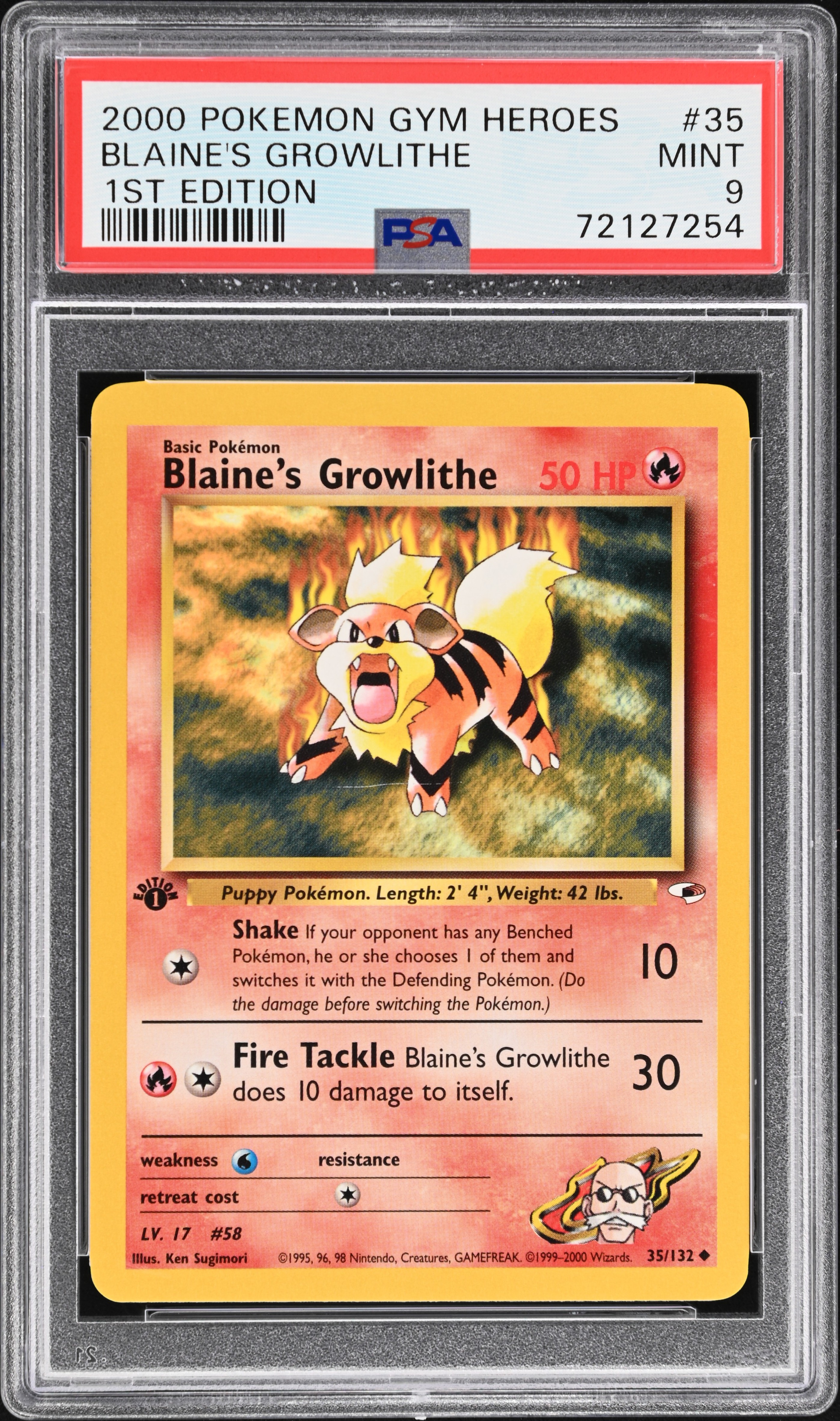 2000 Pokemon Gym Heroes 1st Edition #35 Blaine's Growlithe – PSA MINT 9