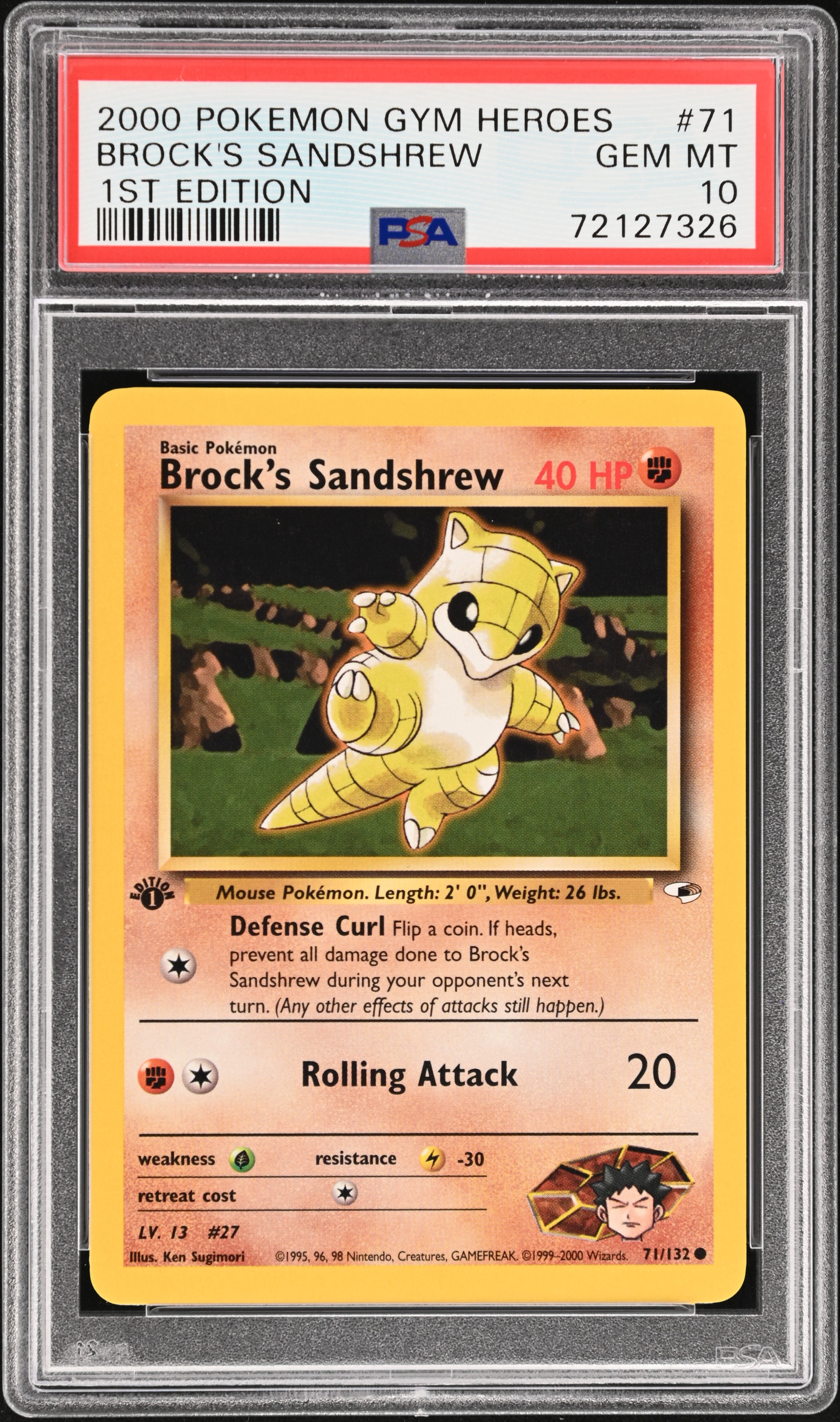 2000 Pokemon Gym Heroes 1st Edition 71 Brock's Sandshrew – PSA GEM MT 10
