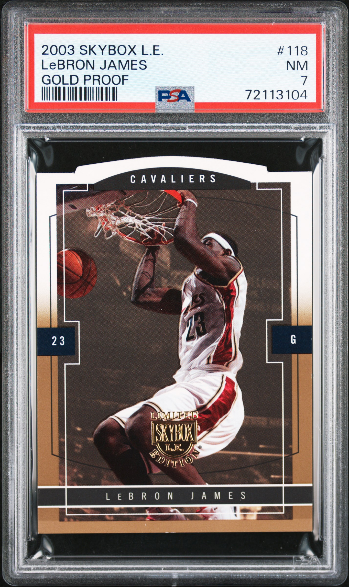 2003-04 Skybox L.E. Gold Proof #118 LeBron James Rookie Card (#038/150) – PSA NM 7