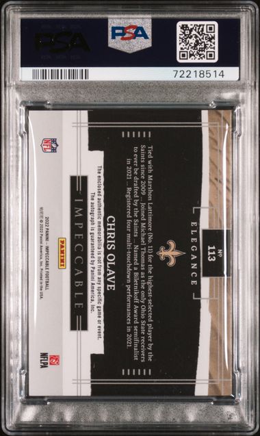 2022 Panini Impeccable Chris Olave #113 (Helmet/Patch Auto.) Mint 9 back