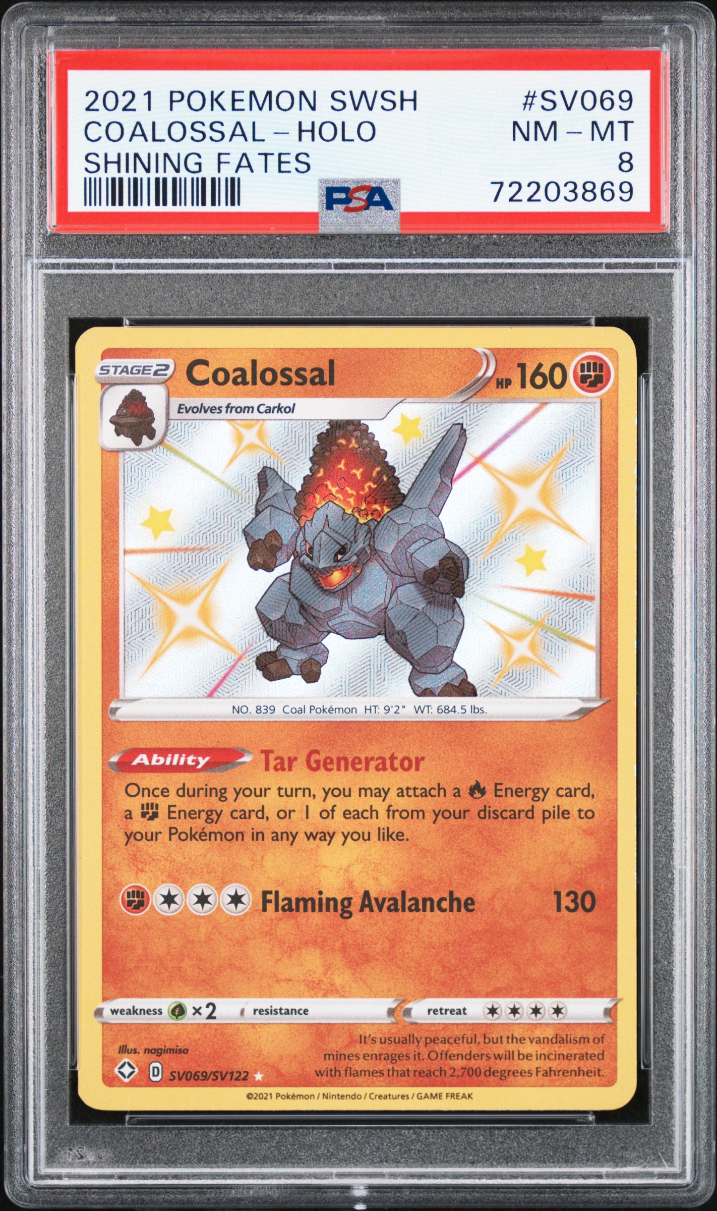 2021 Pokemon Sword & Shield Shining Fates Holofoil #SV069 Coalossal – PSA NM-MT 8