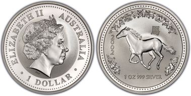 2002 $1 Year of the Horse Ag MS69