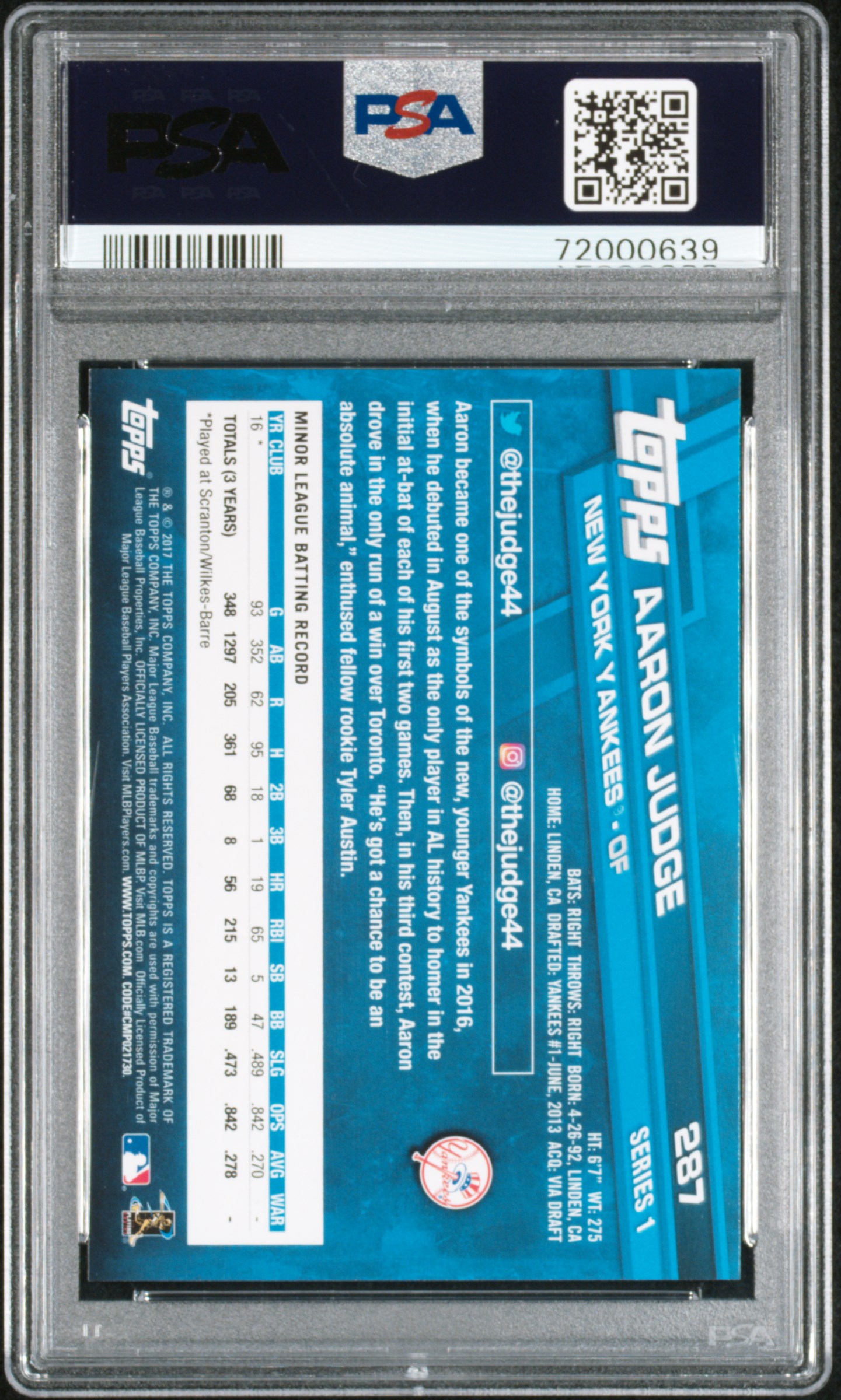 2017 Topps Aaron Judge #287 Gem Mt 10 back