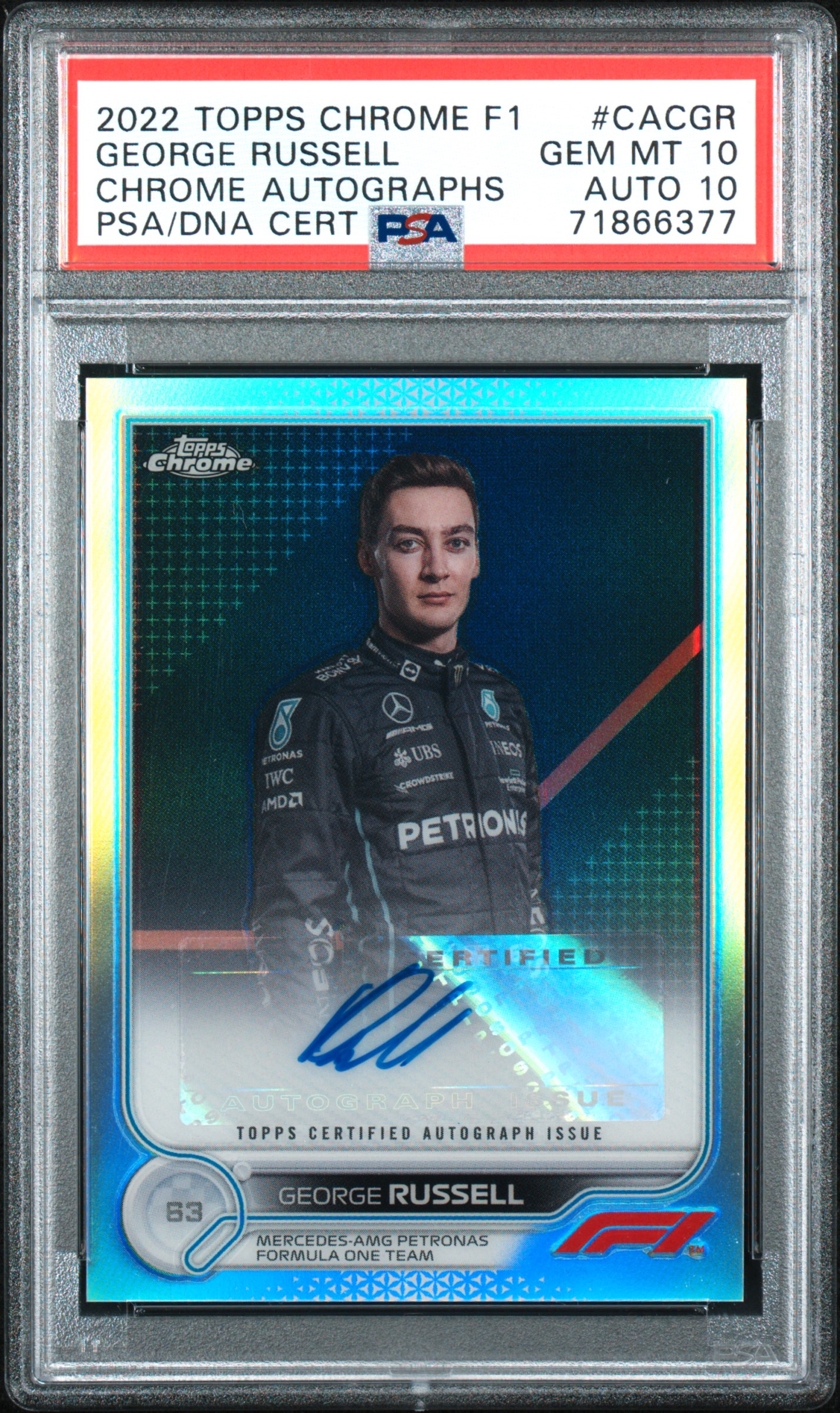 2022 Topps Chrome Formula 1 Chrome Autographs #CAC-GR George Russell Signed Card – PSA GEM MT 10, PSA/DNA GEM MT 10