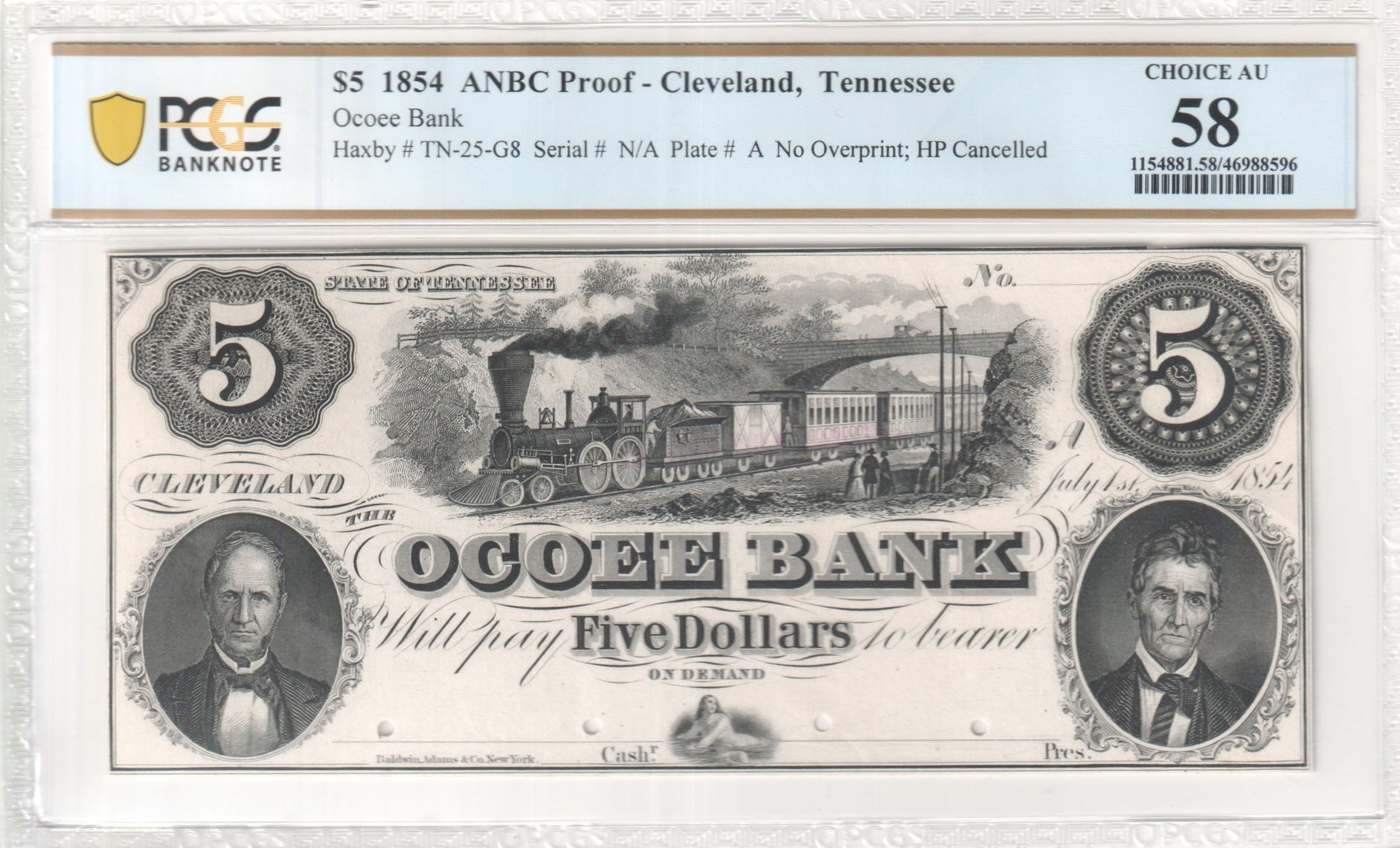 Haxby TN25G8 1854 5 Ocoee Bank ABNC Proof PCGS NoteFacts