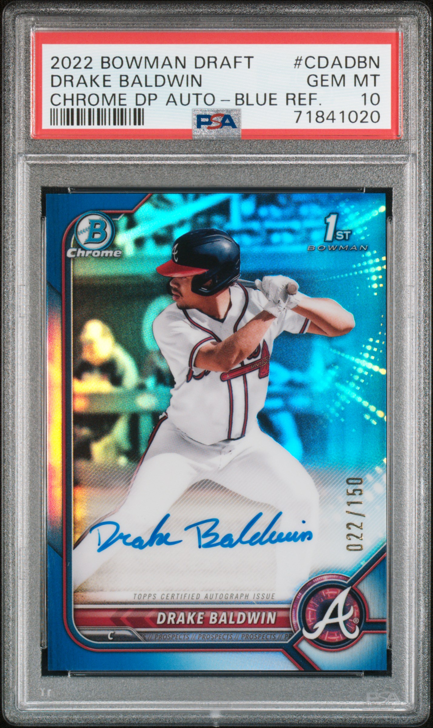 2022 Bowman Draft Chrome Draft Pick Autographs Drake Baldwin #Cdadbn (Chrome Dp Auto-Blue Ref.) Gem Mt 10 front