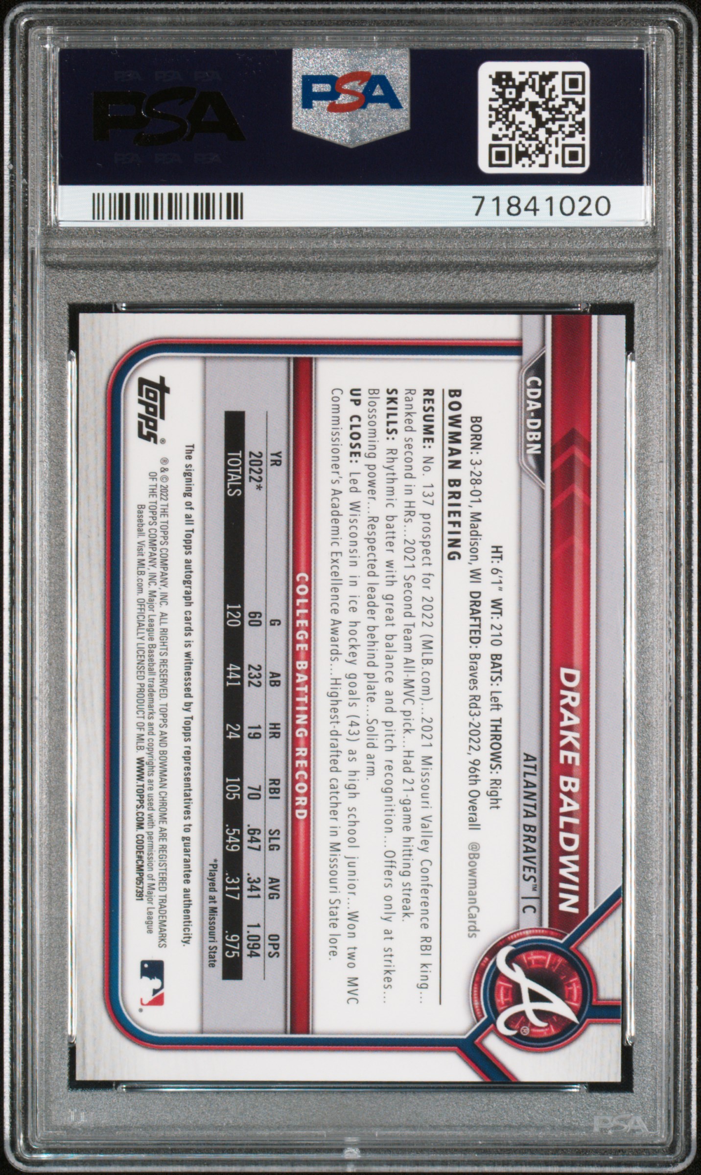 2022 Bowman Draft Chrome Draft Pick Autographs Drake Baldwin #Cdadbn (Chrome Dp Auto-Blue Ref.) Gem Mt 10 back