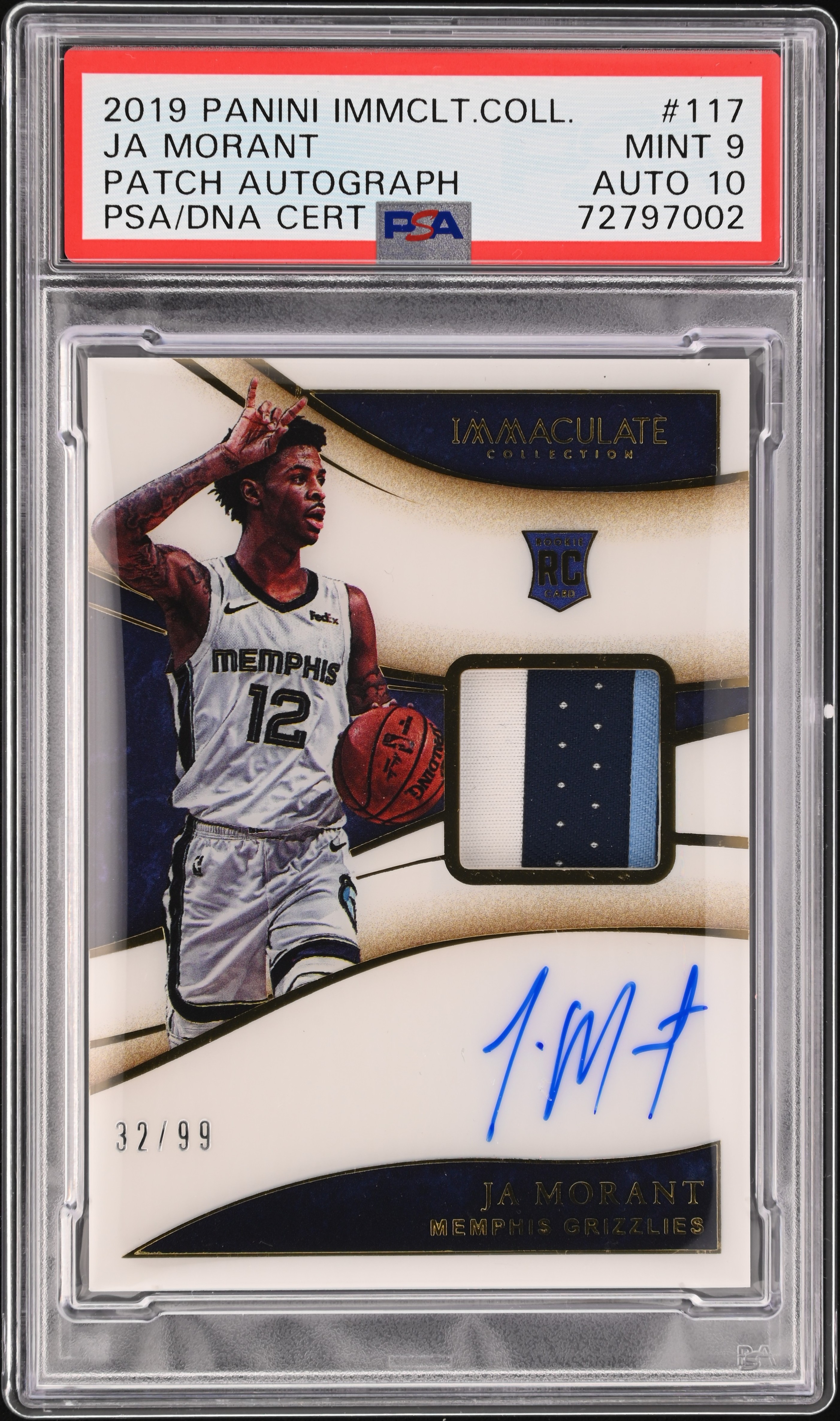 2019-20 Panini Immaculate Collection Patch Autograph #117 Ja Morant Signed Patch Rookie Card (#32/99) - PSA MINT 9, PSA/DNA GEM MT 10