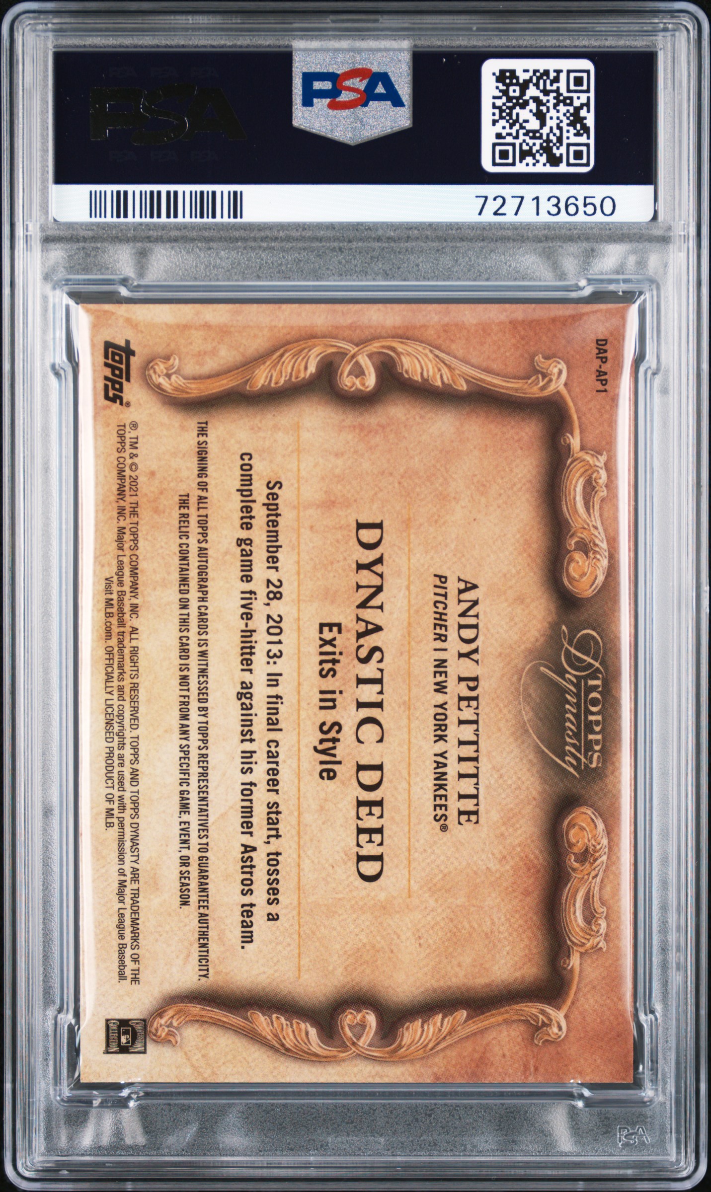 2021 Topps Dynasty Autographed Patch Andy Pettitte #Ap1 (Autographed Patch-Silver) Mint 9 back