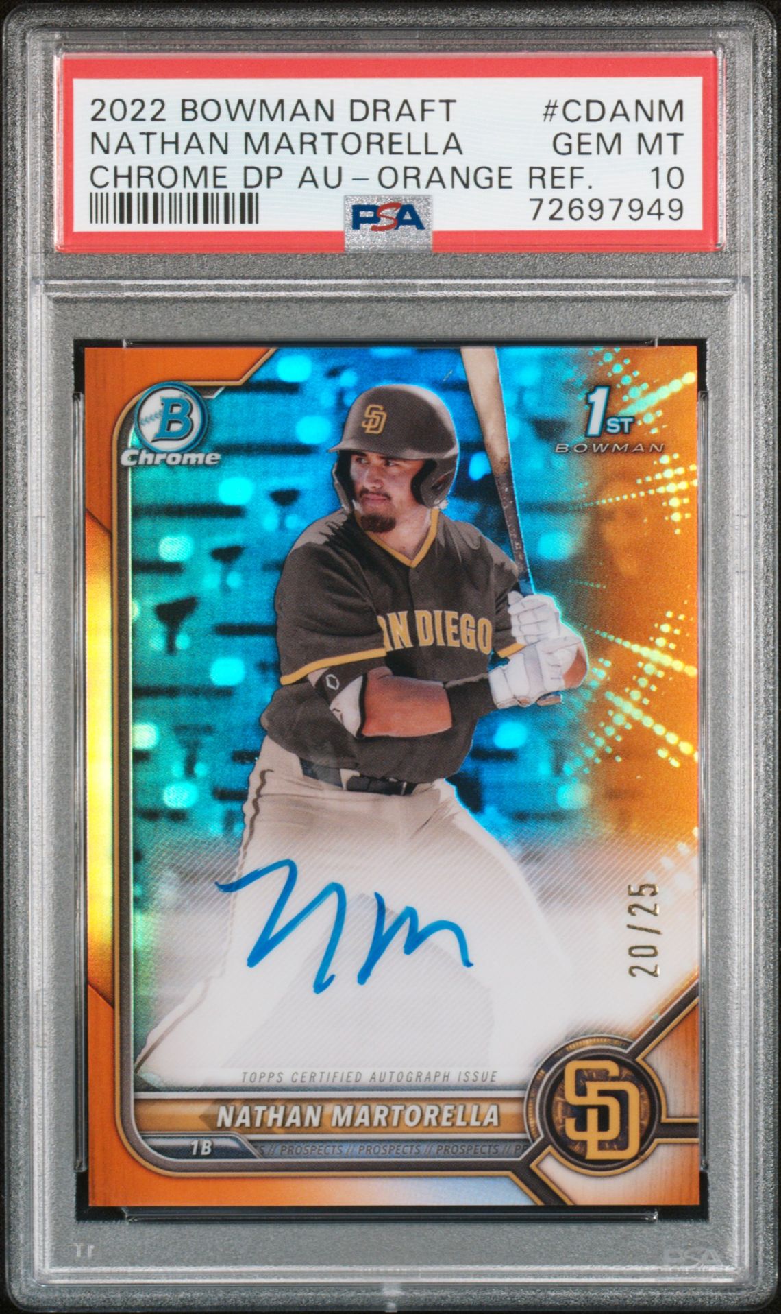2022 Bowman BOWMAN DRAFT CHROME DRAFT PICK AUTOGRAPHS Orange Refractor #CDANM Nathan Martorella front