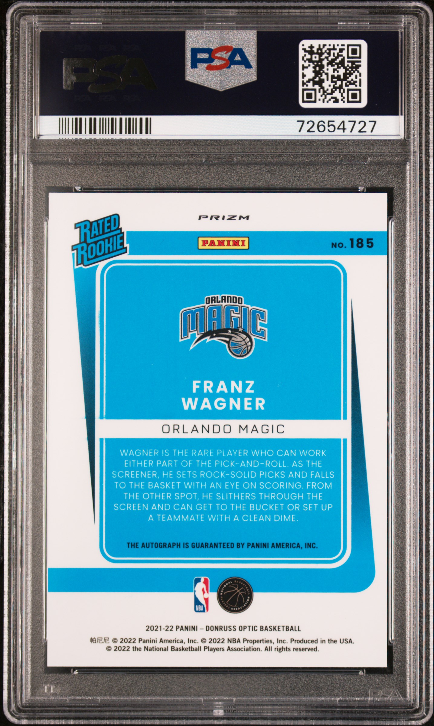 2021 Panini Donruss Optic Franz Wagner #185 (Autograph-Holo) Mint 9 back