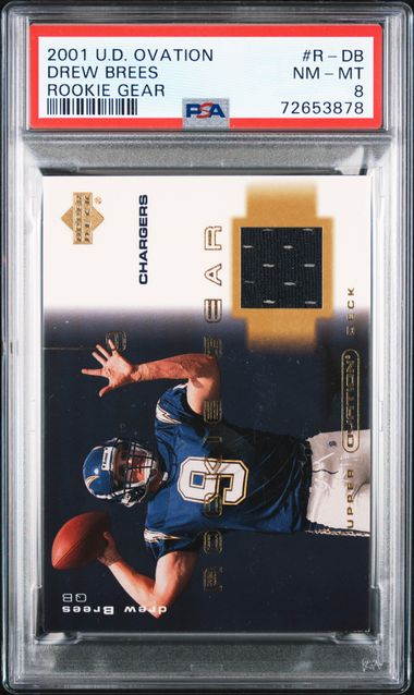 2001 Upper Deck Ovation Rookie Gear Rookie Gear #R-DB Drew Brees Patch  Rookie Card – PSA NM-MT 8 on Goldin Auctions