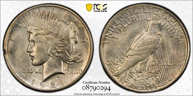 1921 $1 High Relief, Peace AU58