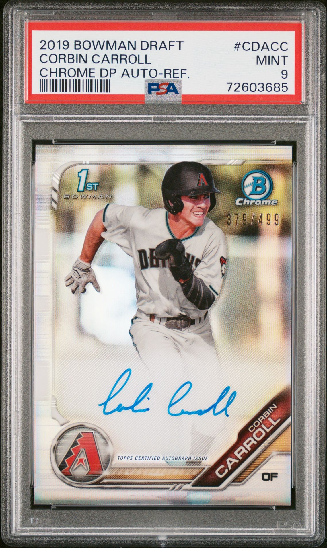 2019 Bowman BOWMAN DRAFT CHROME DRAFT PICKS AUTOGRAPH CHROME DP AUTO-REF. #CDACC Corbin Carroll front