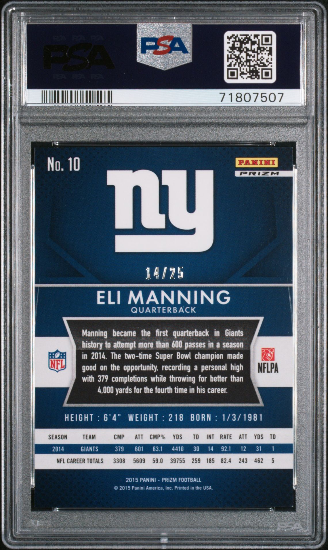 2015 Panini Prizm Eli Manning #10 (Tie-Dyed Prizm) Mint 9 back
