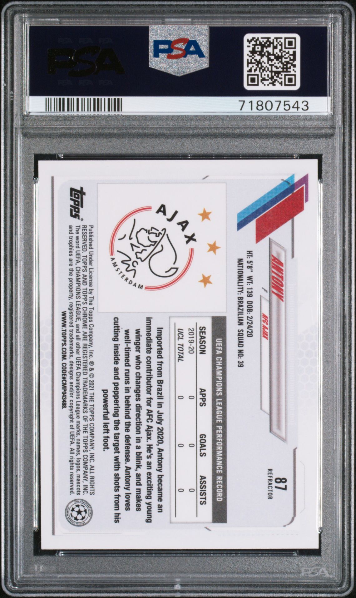 2020 Topps Chrome Uefa Champions League Antony #87 (Refractor) Gem Mt 10 back