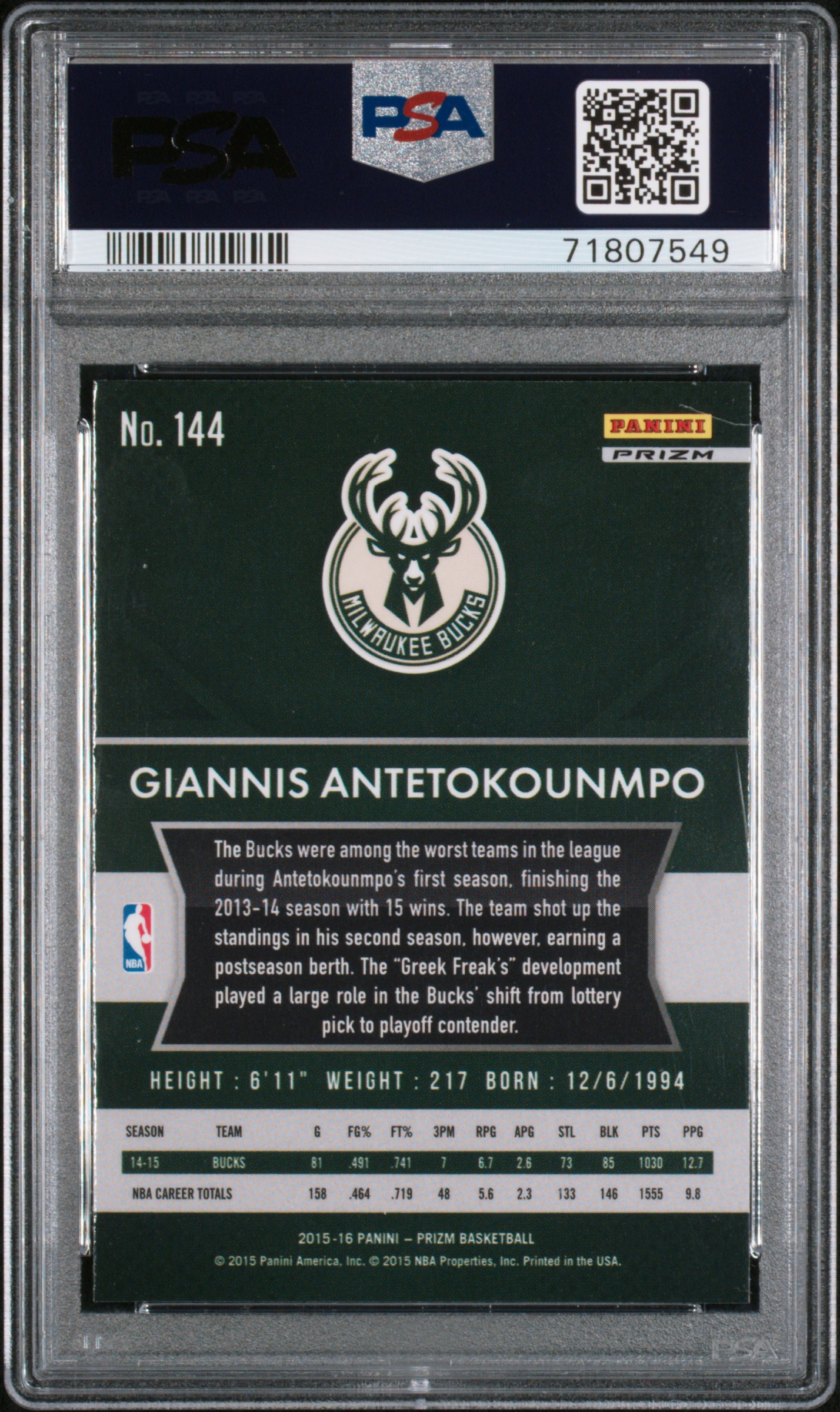 2015 Panini Prizm G.antetokounmpo #144 (Flash Prizm) Gem Mt 10 back
