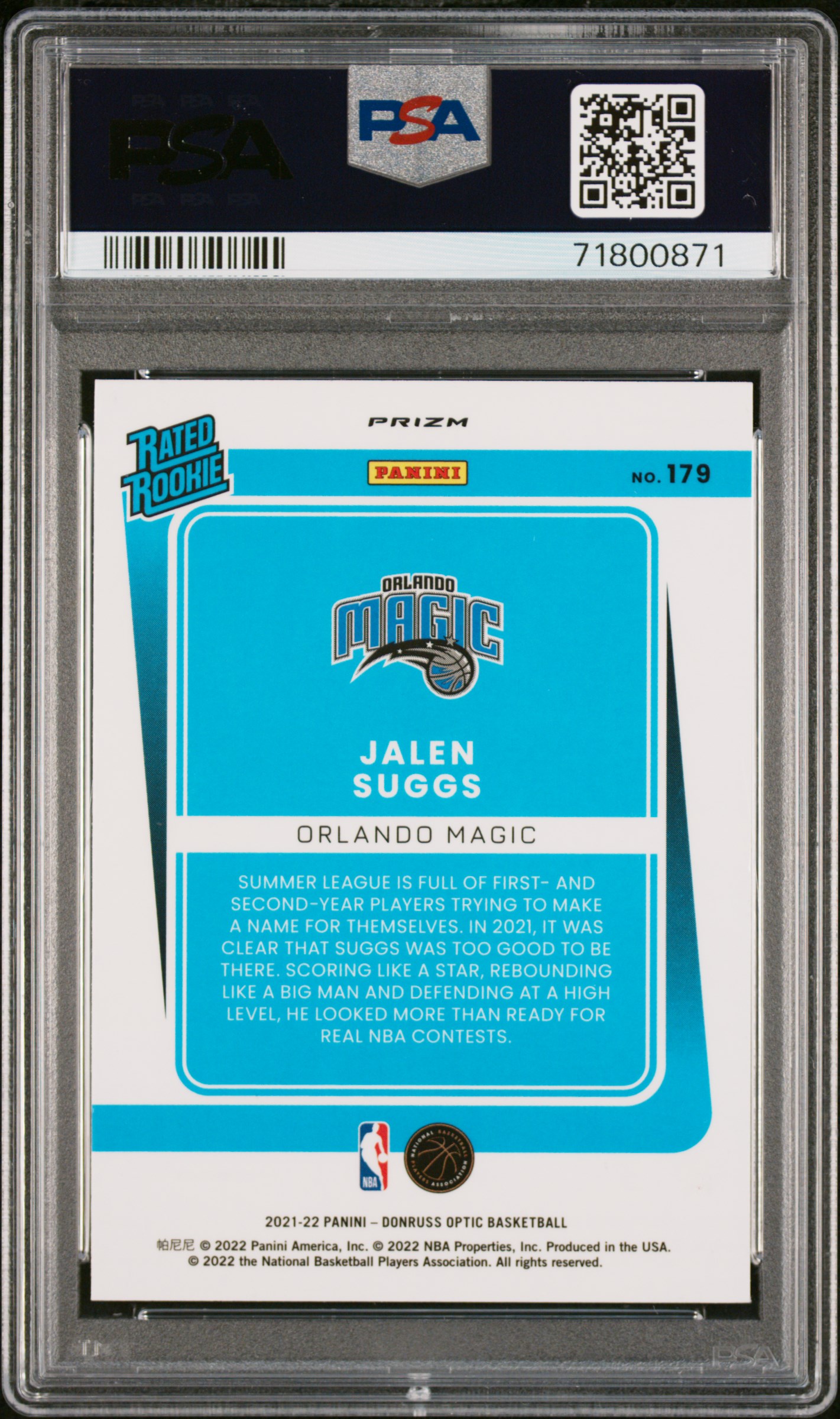 2021 Panini Donruss Optic Jalen Suggs #179 (Blue Velocity) Gem Mt 10 back