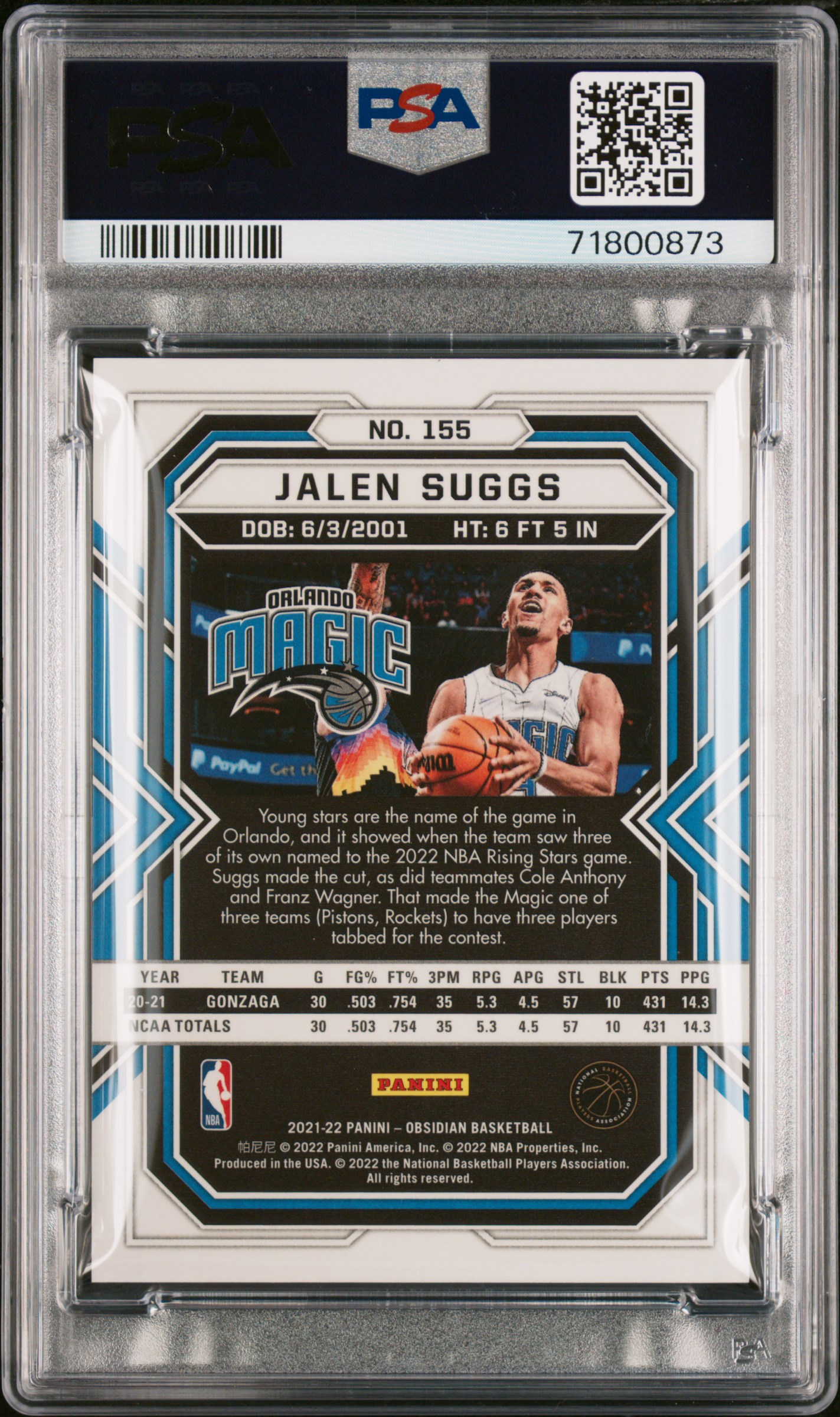 2021 Panini Obsidian Jalen Suggs #155 Gem Mt 10 back