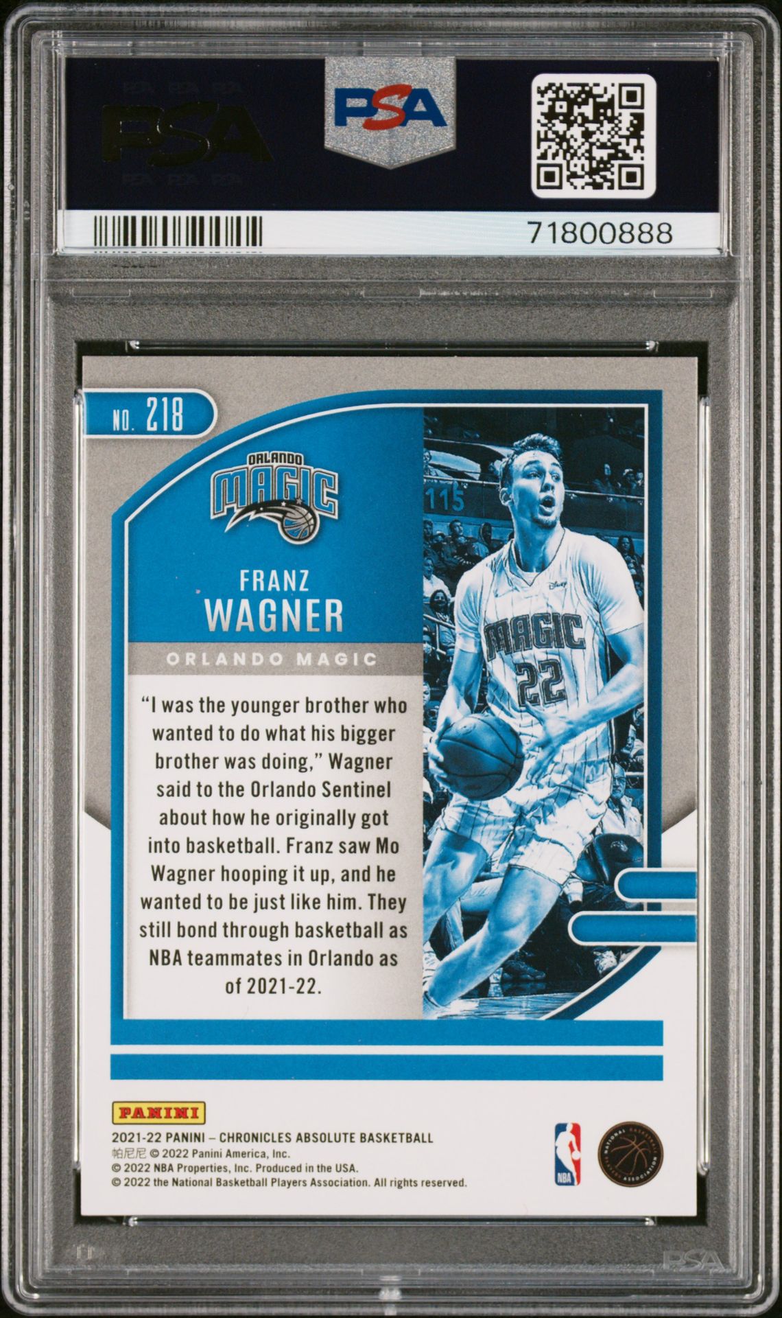 2021 Panini Chronicles Franz Wagner #218 (Pink) Gem Mt 10 back view - PSA certificate #71800888