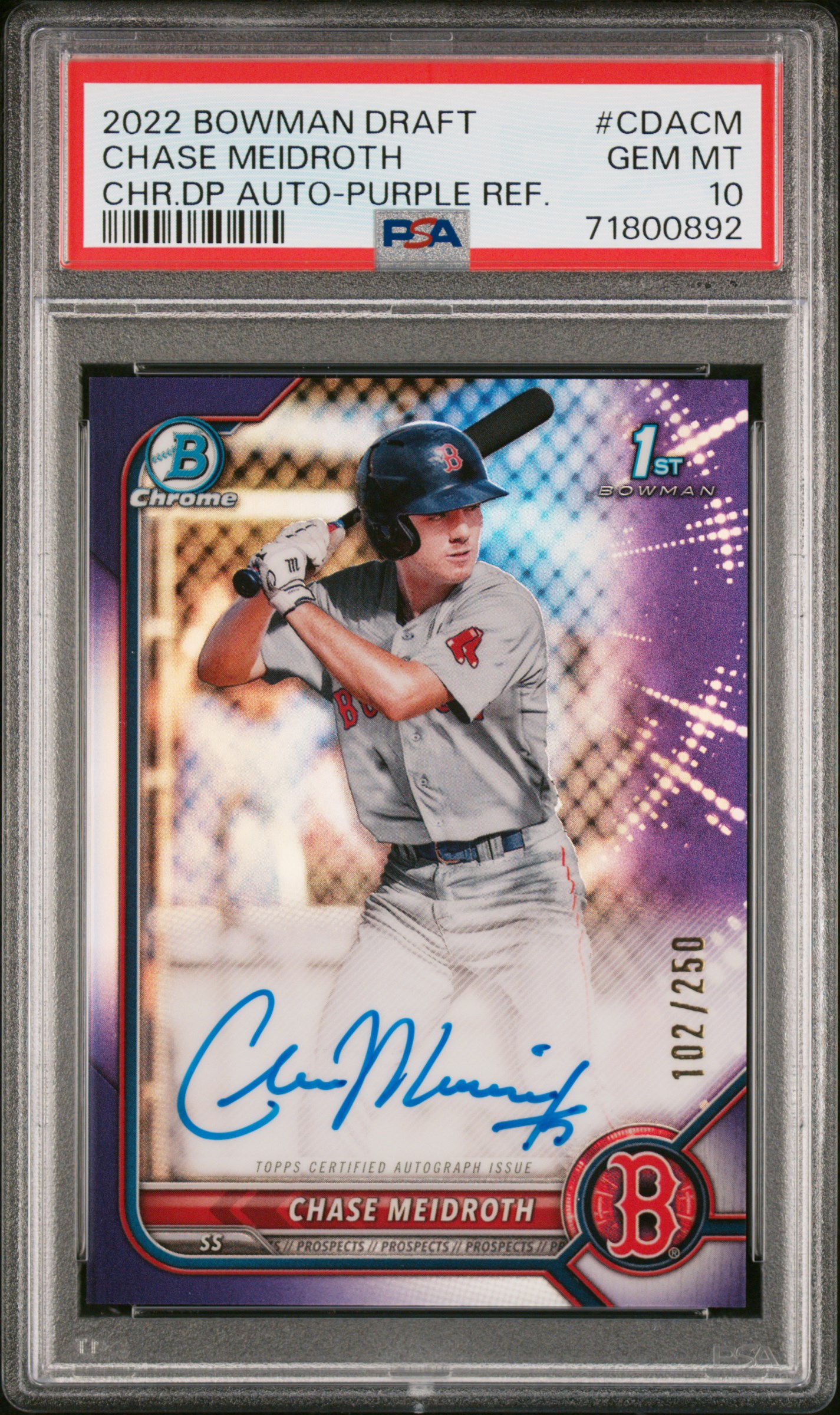 2022 Bowman Draft Chrome Draft Pick Autographs Chase Meidroth #Cdacm (Chr.dp Auto-Purple Ref.) Gem Mt 10 front