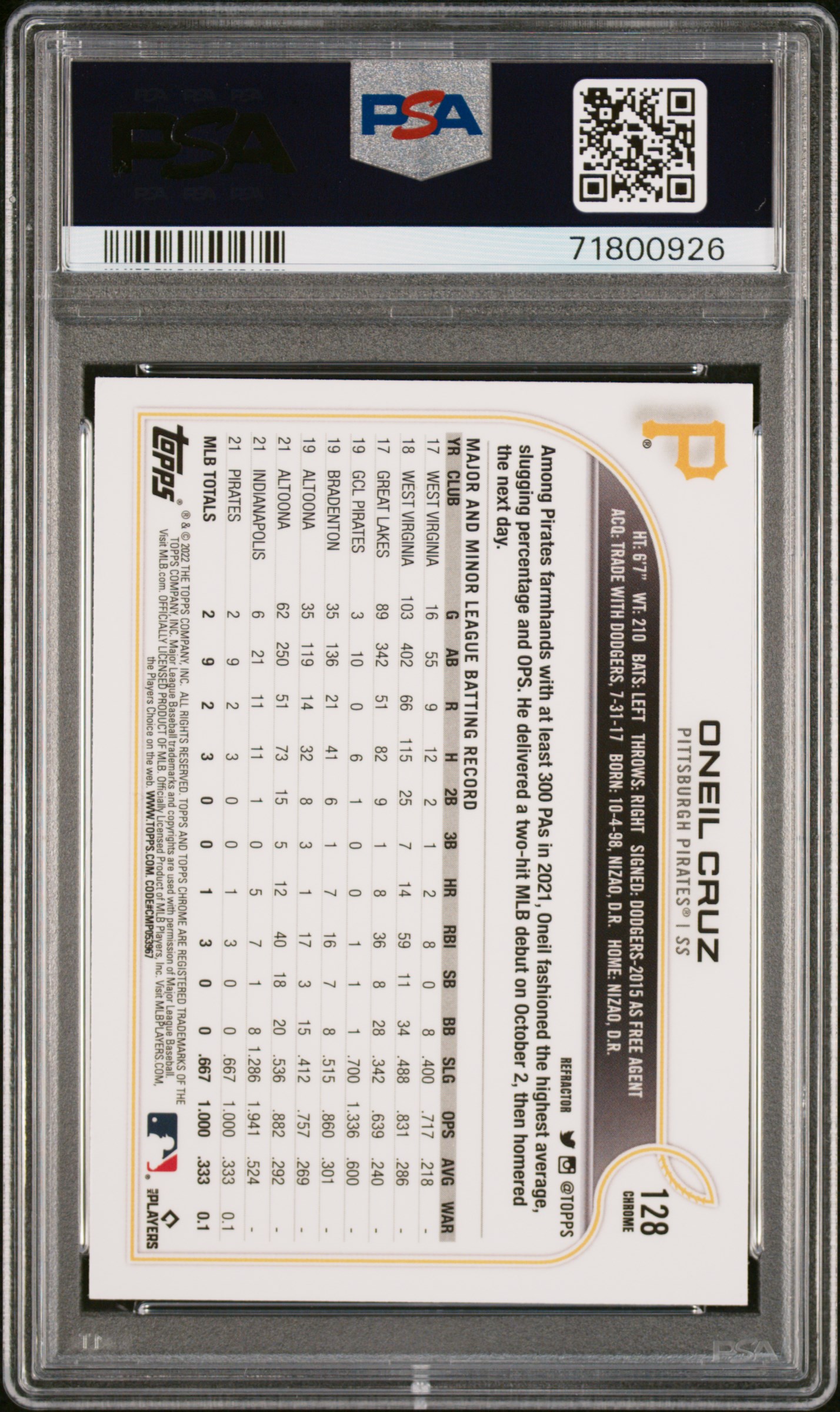 2022 Topps Chrome Oneil Cruz #128 (Refractor) Gem Mt 10 back