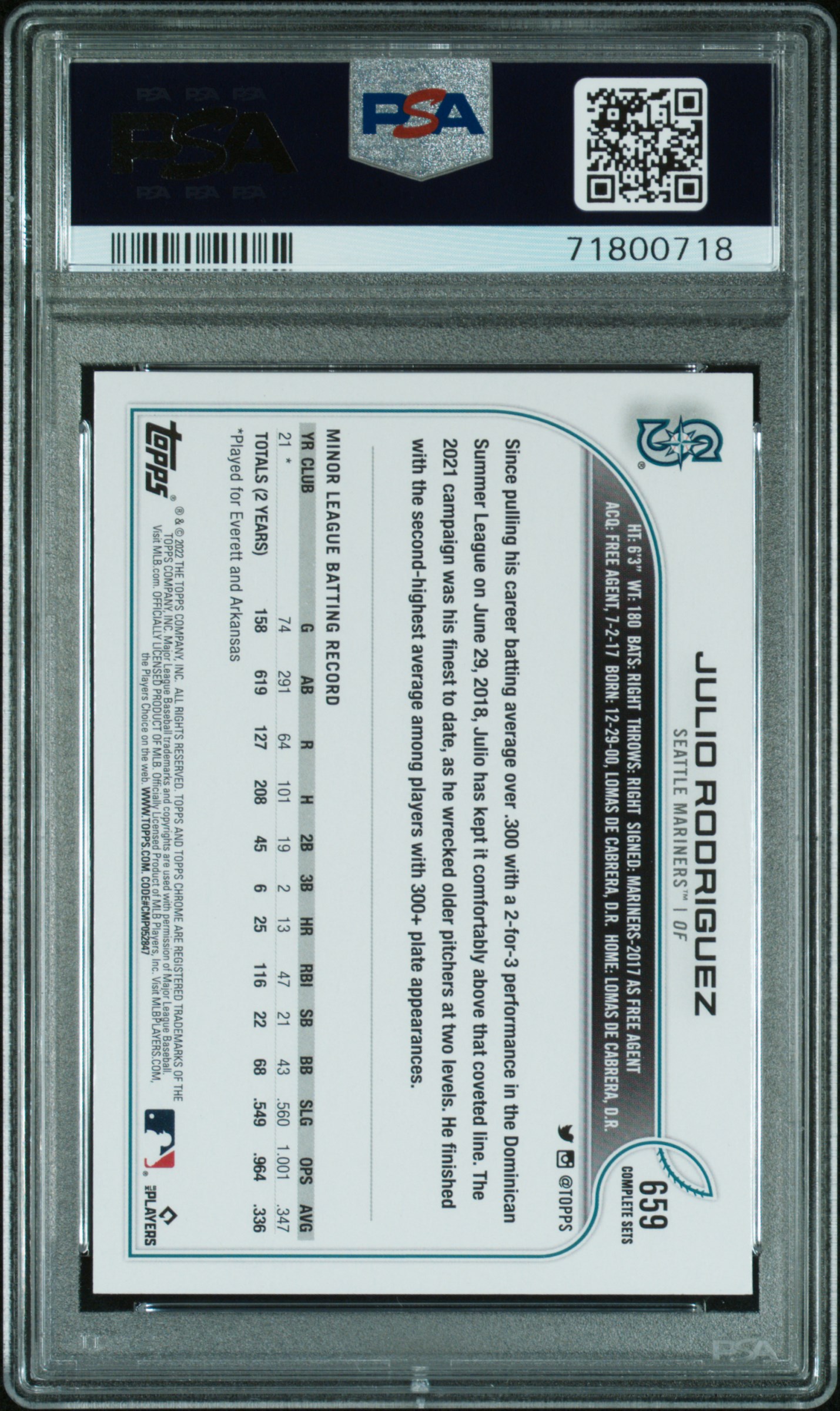 2022 Topps Complete Set Julio Rodriguez #659 (Variation) Gem Mt 10 back