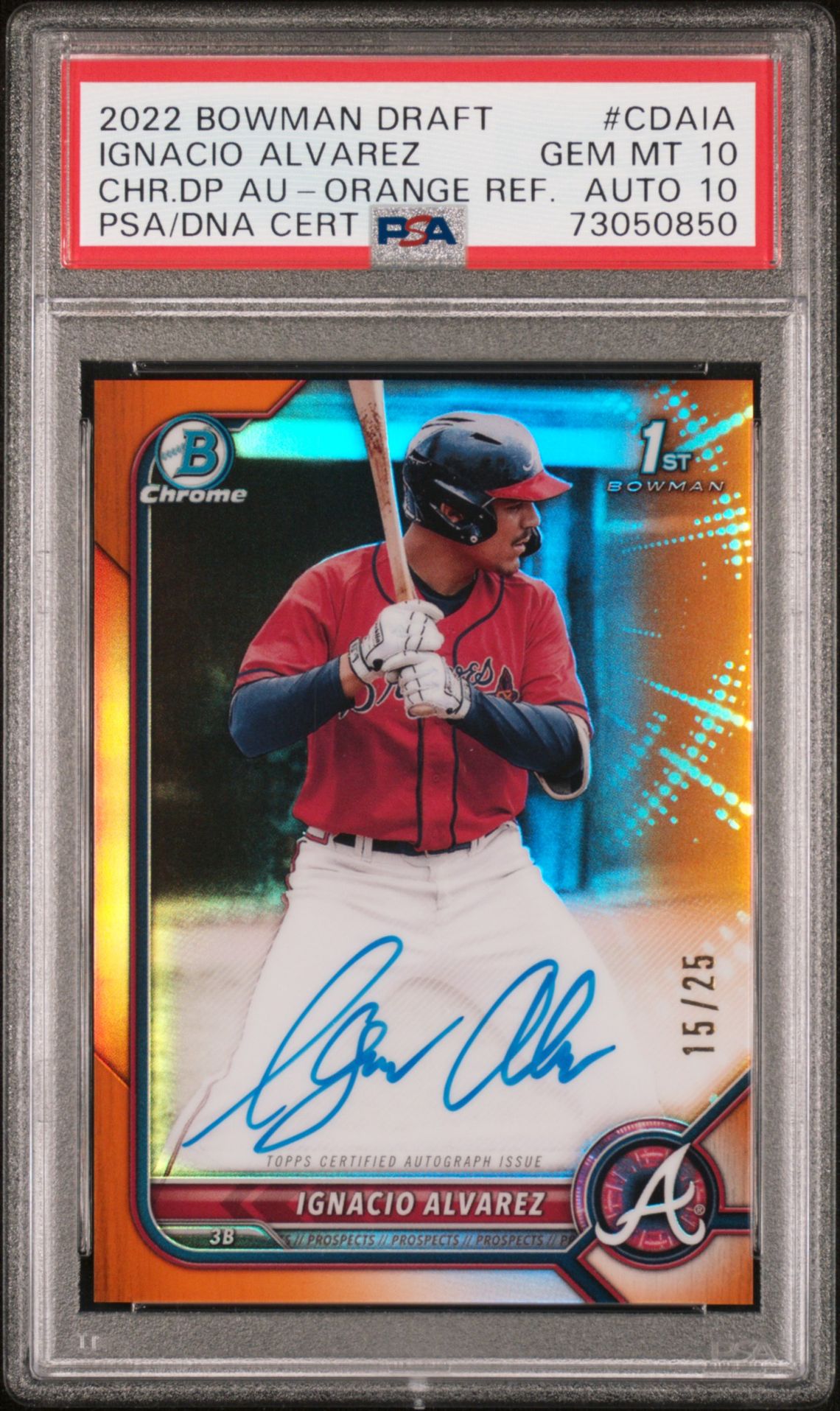 2022 Bowman BOWMAN DRAFT CHROME DRAFT PICK AUTOGRAPHS CHR.DP AU-ORANGE REF.CertificationPrimary Signer (1 Signer)IGNACIO ALVAREZ #CDAIA Ignacio Alvarez front