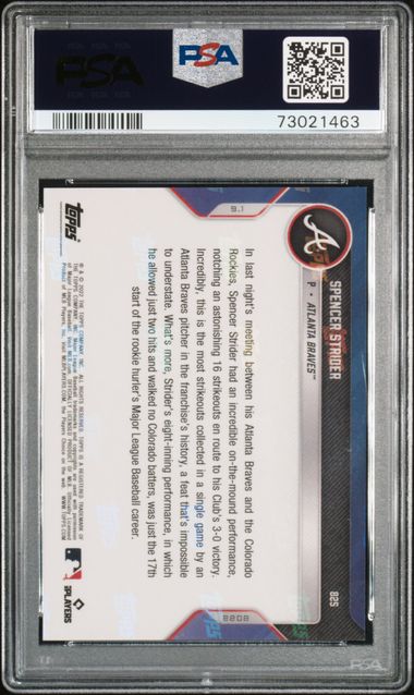 2022 Topps Now Spencer Strider #825 (Orange) Gem Mt 10 back