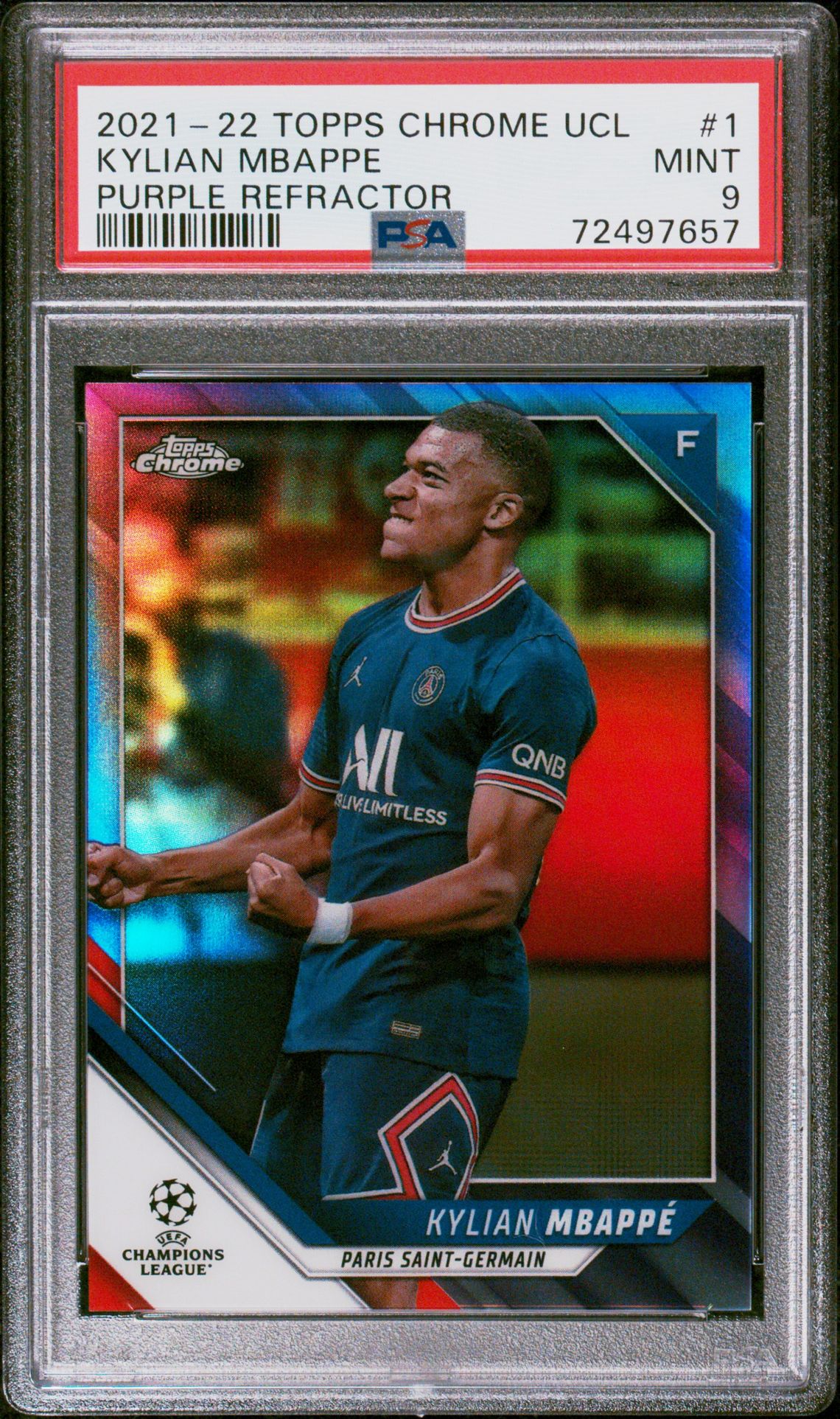 2021 Topps Chrome TOPPS CHROME UEFA CHAMPIONS LEAGUE PURPLE REFRACTOR #1 Kylian Mbappe front