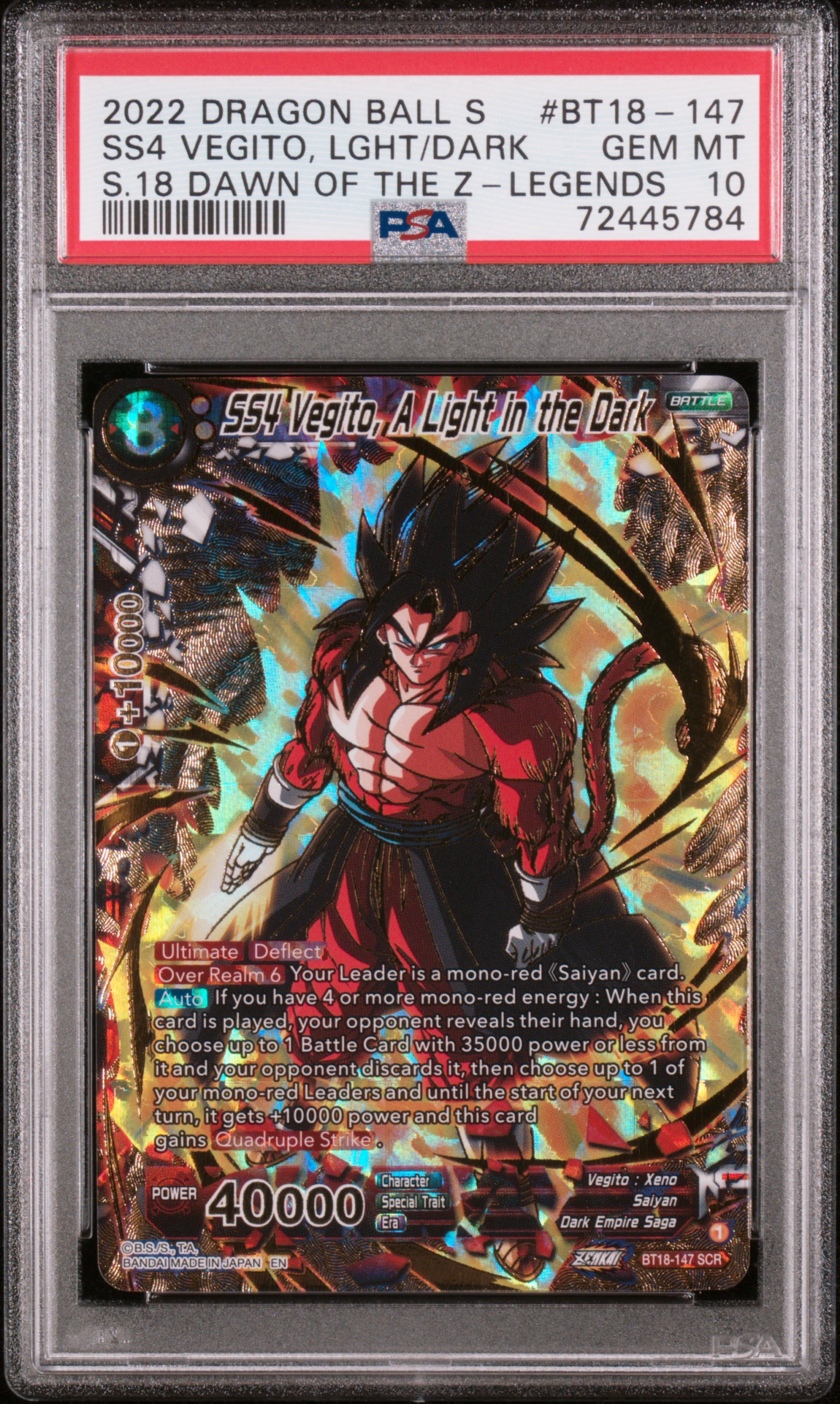2022 #BT18-147 SS4 Vegito, A Light in the Dark PSA 10 Dragon Ball Super Card Game Series 18 Dawn of the Z-Legends