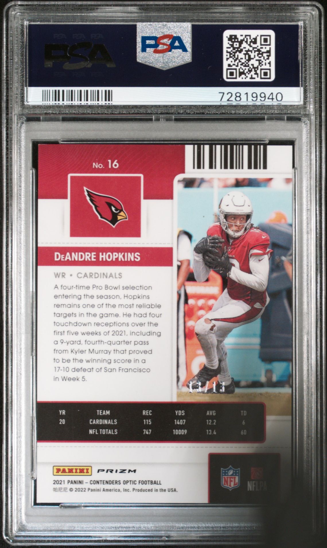 2021 Panini Contenders Optic Deandre Hopkins #16 (Red/White/Blue) Mint 9 back