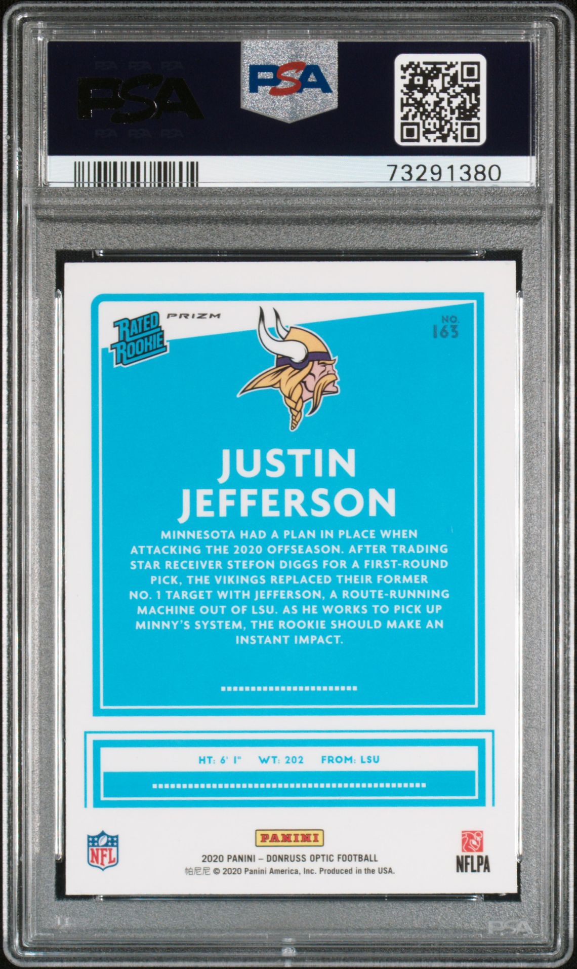 2020 Panini Donruss Optic Justin Jefferson #163 (Holo) Gem Mt 10 back