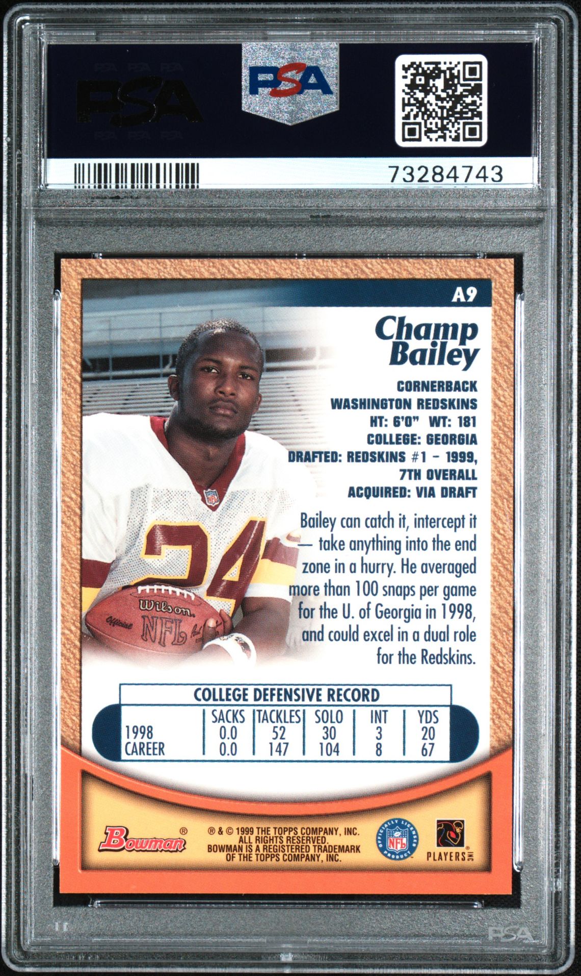 1999 Bowman Certified Autograph Blue Champ Bailey #A9 (Certified Auto.-Silver) Mint 9 back