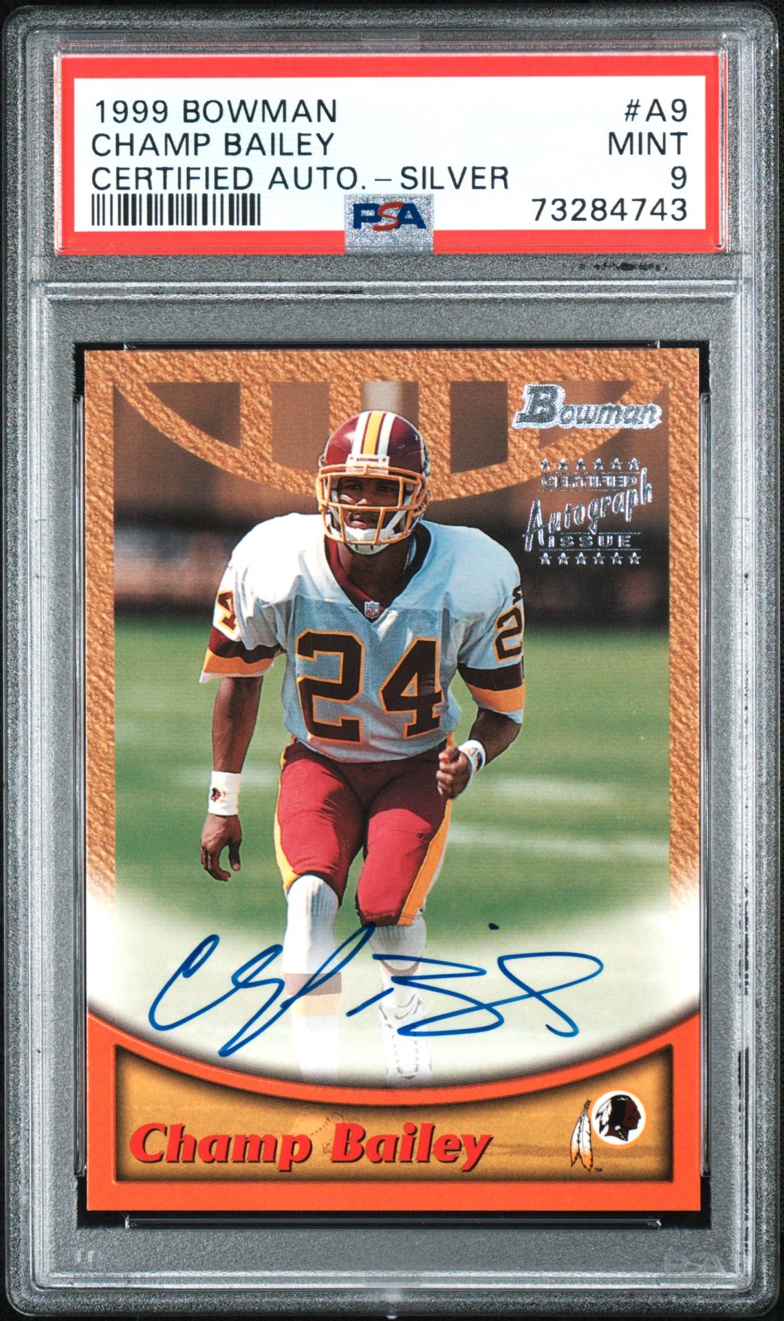 1999 Bowman Certified Autograph Blue Champ Bailey #A9 (Certified Auto.-Silver) Mint 9 front