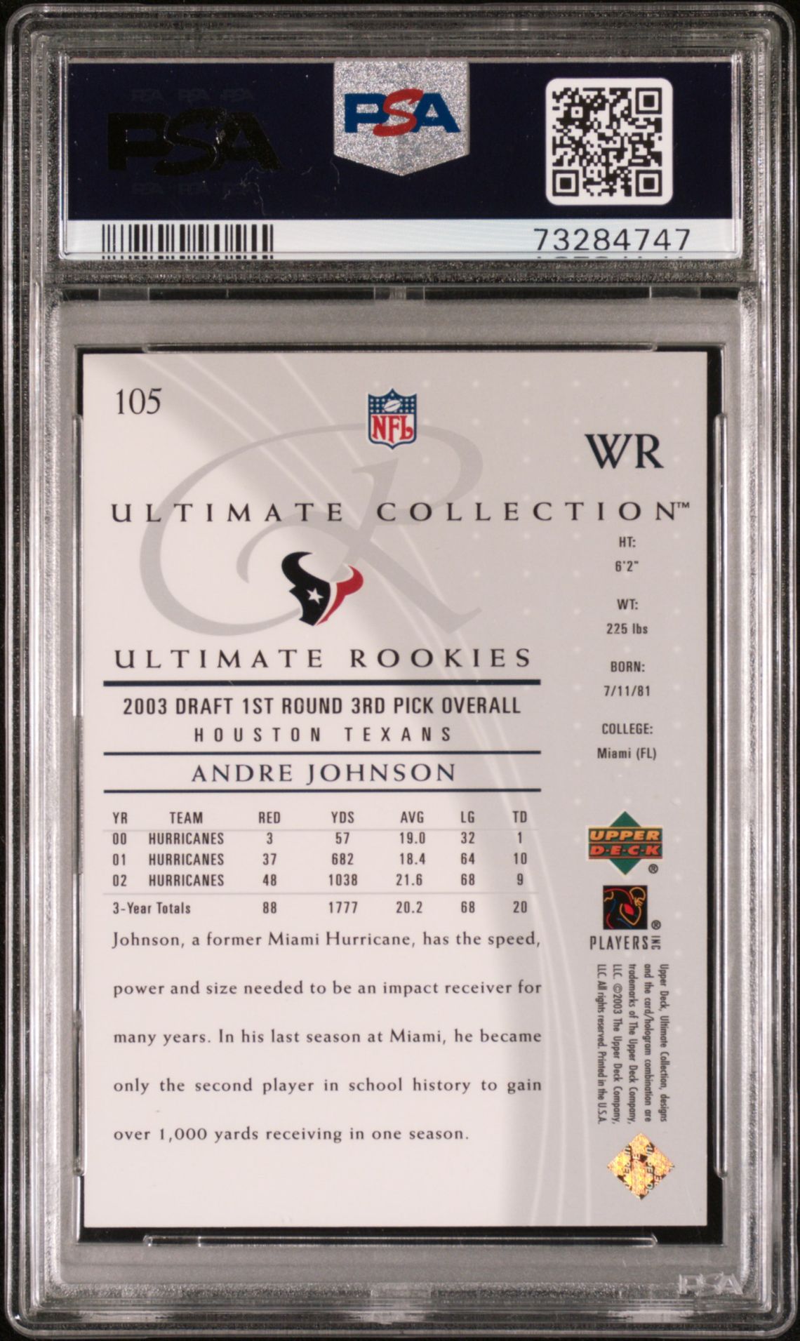 2003 ULTIMATE COLLECTION ANDRE JOHNSON  105 GEM MT 10 back