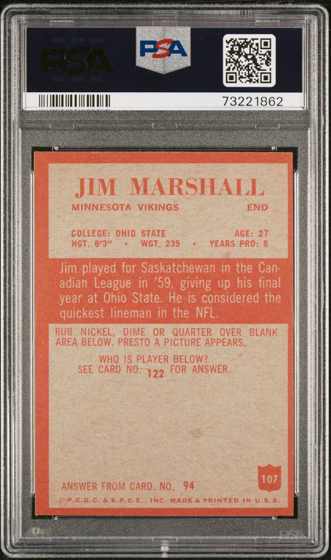 1965 Philadelphia Jim Marshall #107 Nm 7 back