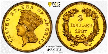 1867 $3 PR65+ CAM