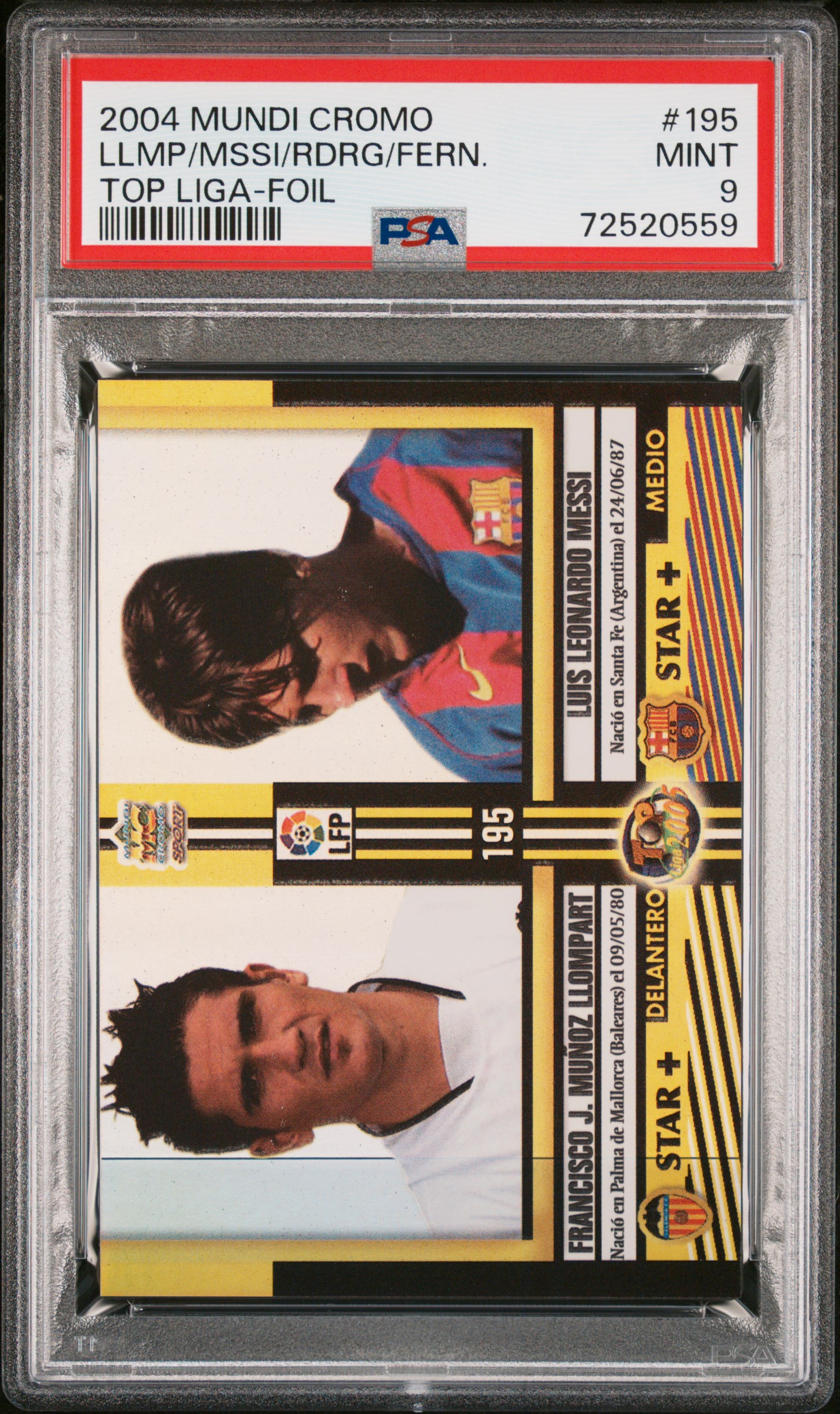 2004 Mundi Cromo Top Liga Foil 195 Borja Fernandez/Daniel Rodriguez/Francisco Llompart/Lionel Messi Rookie Card – PSA MINT 9