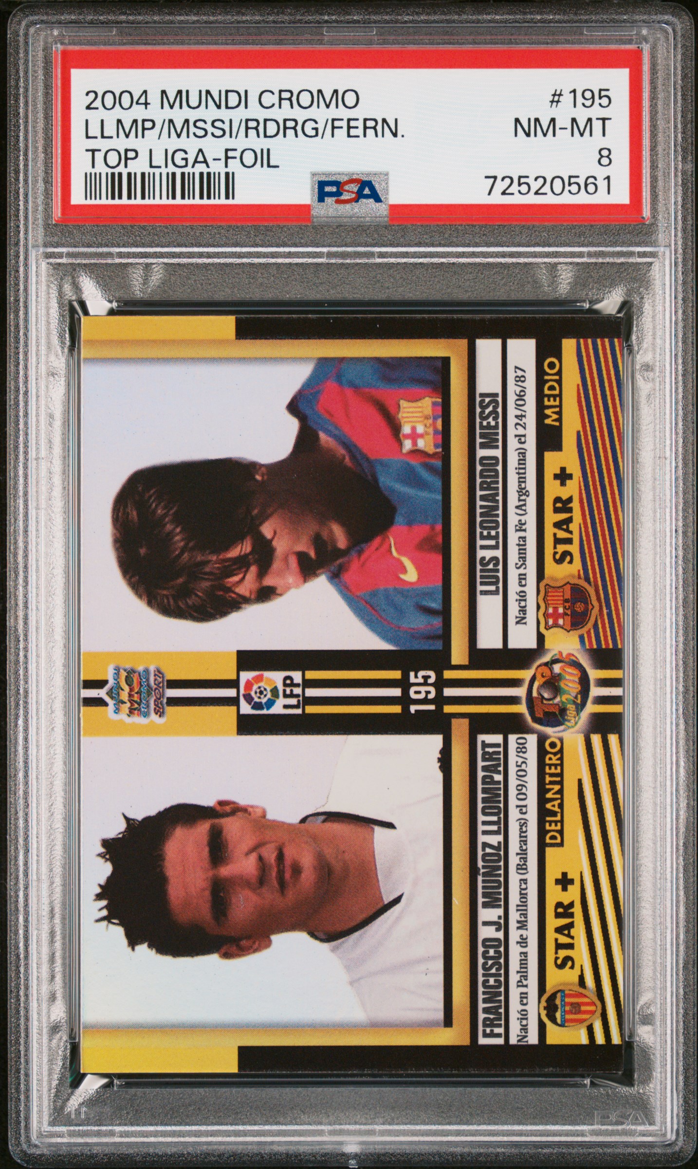 2004 Mundi Cromo Top Liga Foil 195 Borja Fernandez/Daniel Rodriguez/Francisco Llompart/Lionel Messi Rookie Card – PSA NM-MT 8