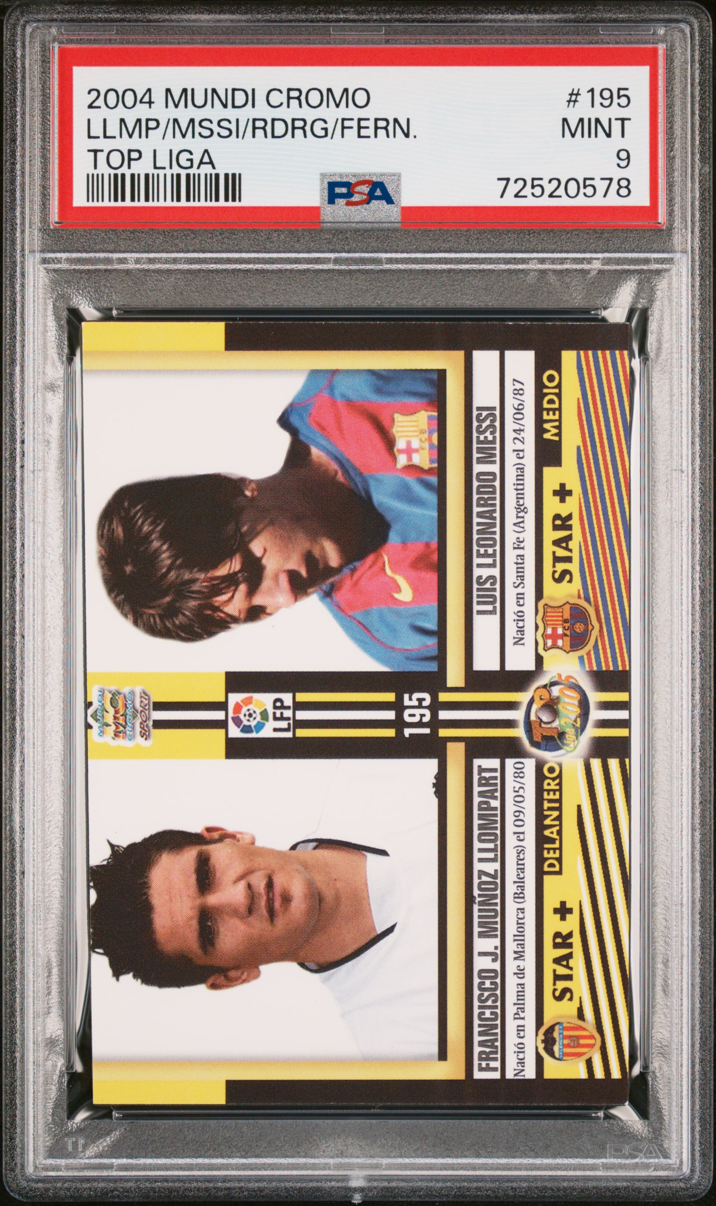 2004 Mundi Cromo Top Liga #195 Borja Fernandez/Daniel Rodriguez/Francisco Llompart/Lionel Messi Rookie Card - PSA MINT 9