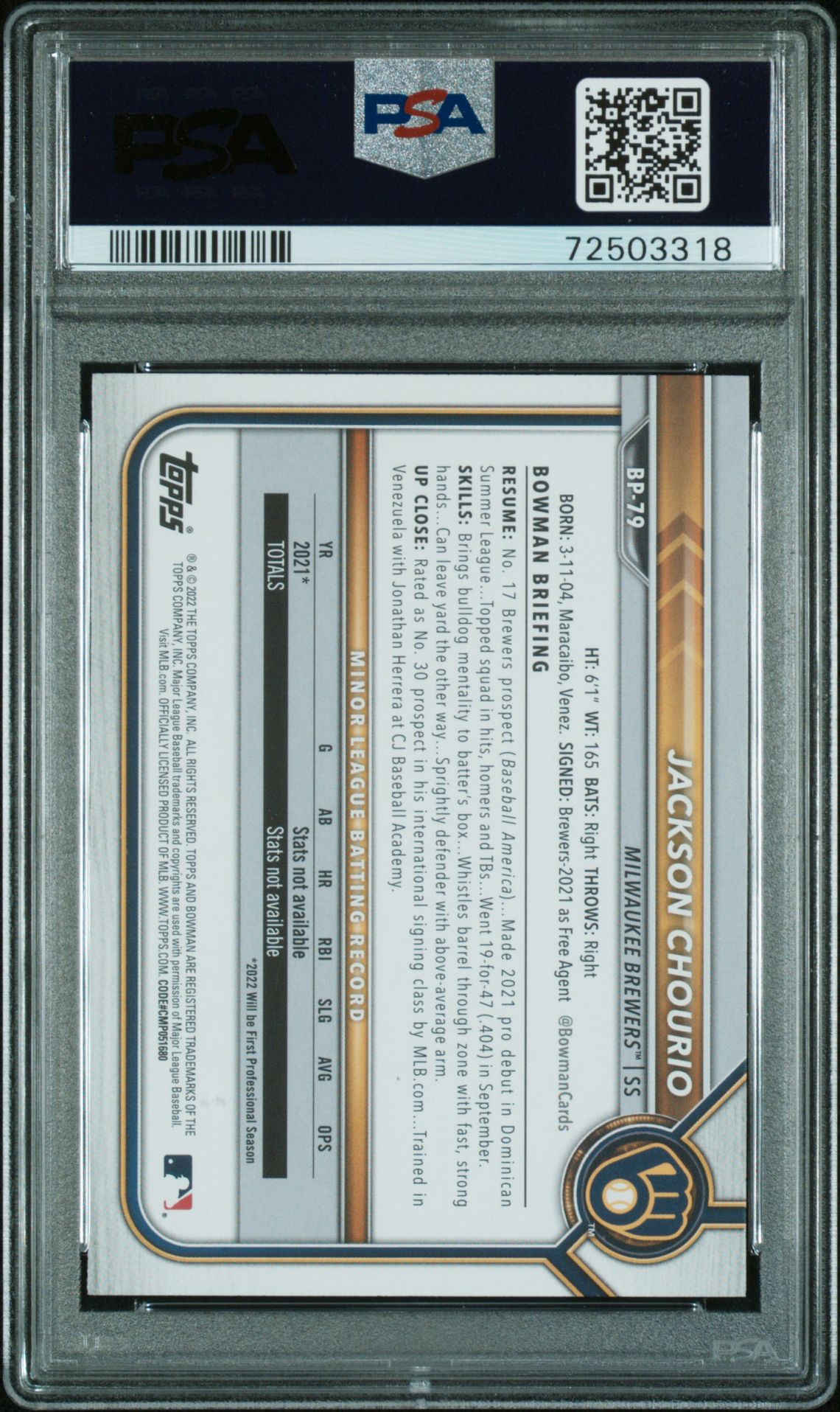 2022 Bowman Paper Prospects Jackson Chourio #Bp79 (Paper Prospects) Gem Mt 10 back view - PSA certificate #72503318