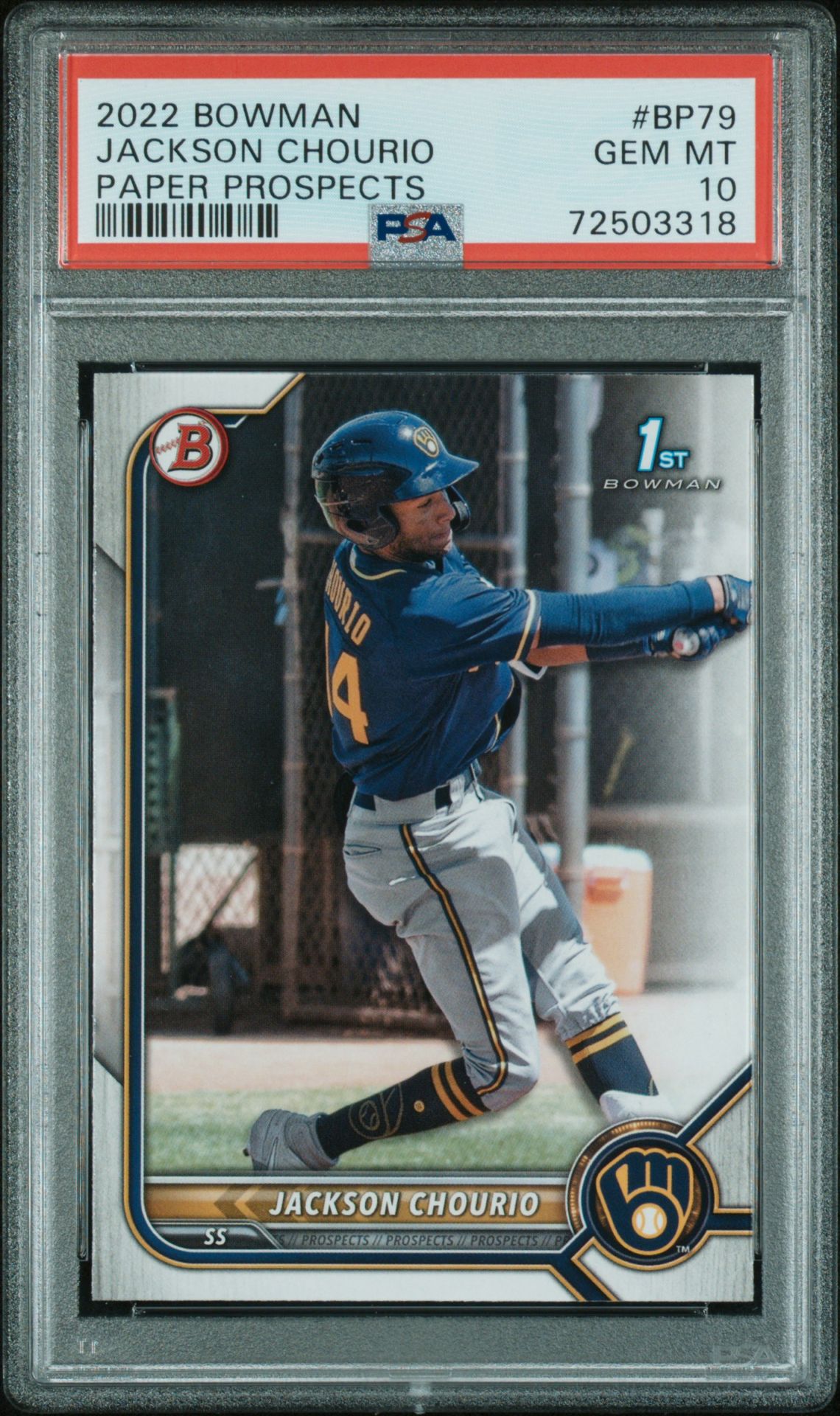 2022 Bowman Paper Prospects Jackson Chourio #Bp79 (Paper Prospects) Gem Mt 10 front view - PSA graded GEM MT 10