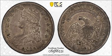 1834 50C O-109 Sm Date, Sm Letters AU55
